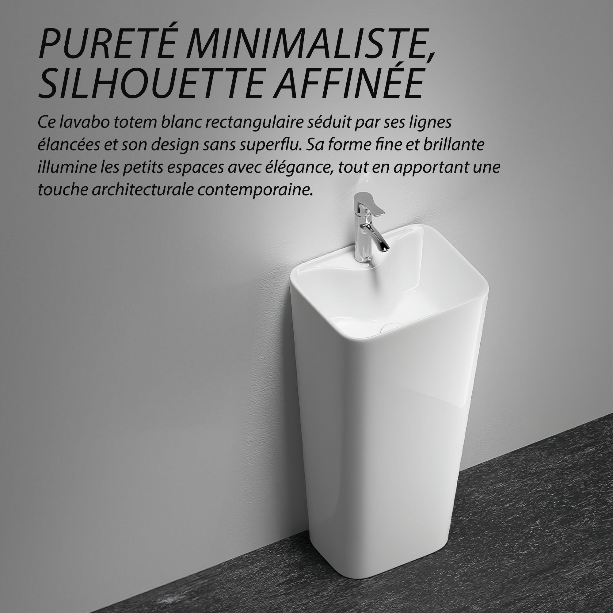 Lavabo Totem Blanc Rectangulaire et Fin : Lavabo de salle de bain moderne en céramique blanche, design minimaliste aux lignes épurées. Style contemporain.