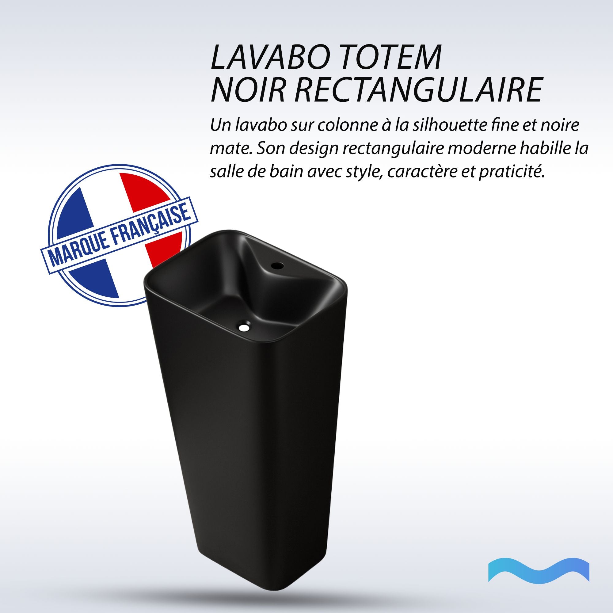 Lavabo Totem Noir Rectangulaire et Fin : Lavabo de salle de bain rectangulaire noir mat, élégant et moderne, au design minimaliste.