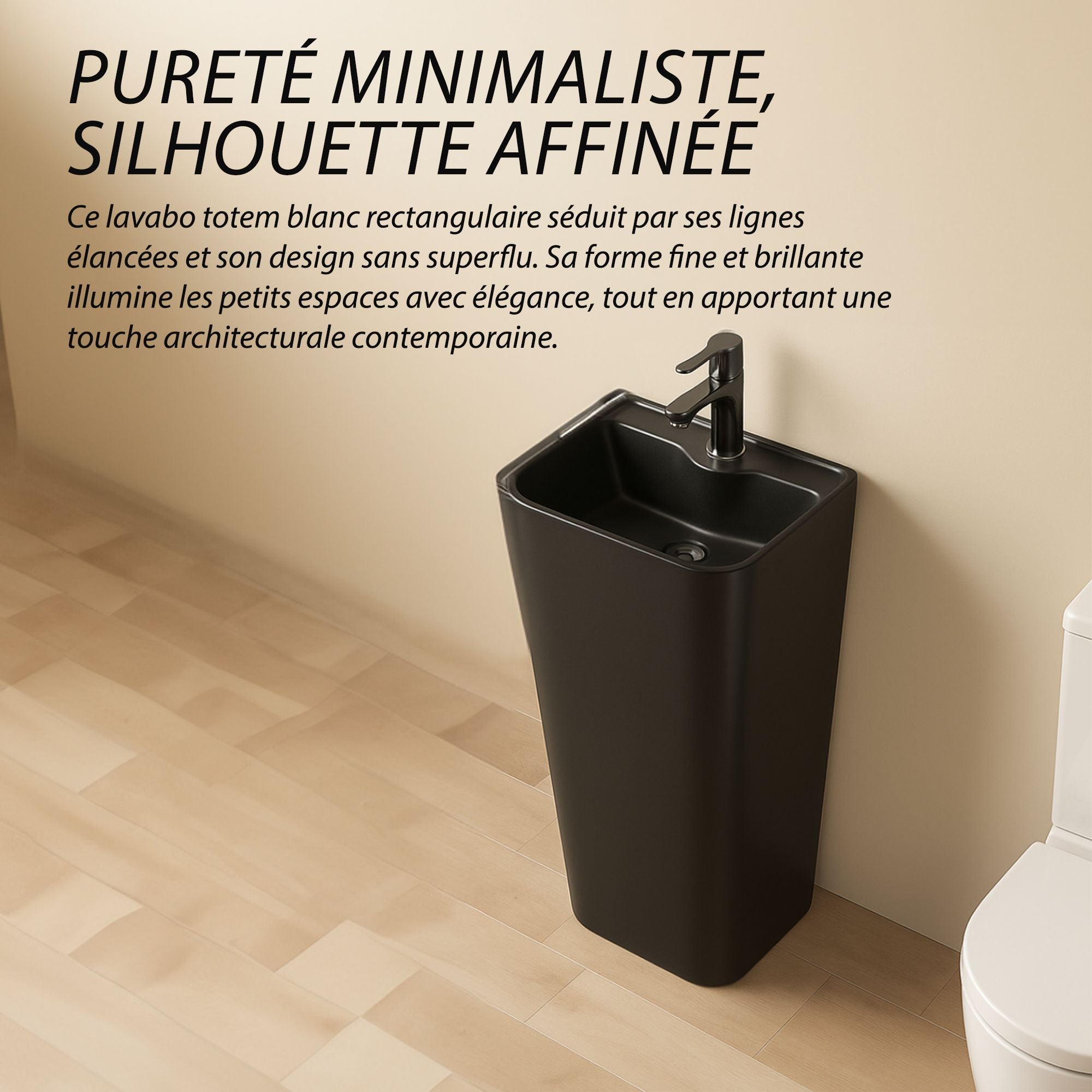 Lavabo Totem Noir Rectangulaire et Fin : Lavabo sur colonne rectangulaire noir élégant au design minimaliste et contemporain, parfait pour les salles de bains modernes.