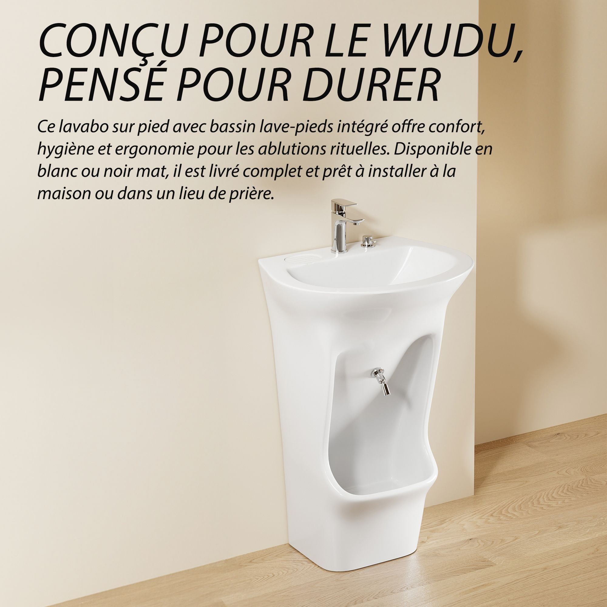 Lavabo d'ablutions : Lavabo sur pied blanc avec bassin de pieds intégré pour le wudu, parfait pour la prière islamique et les ablutions.