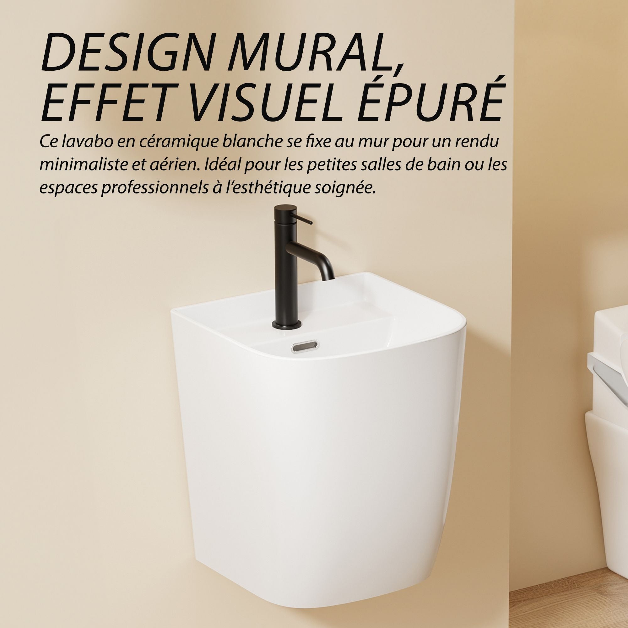 Lavabo mural blanc (38 × 40 × 45 cm) : Lavabo mural moderne et minimaliste en céramique avec robinetterie noire. Idéal pour les petites salles de bains.