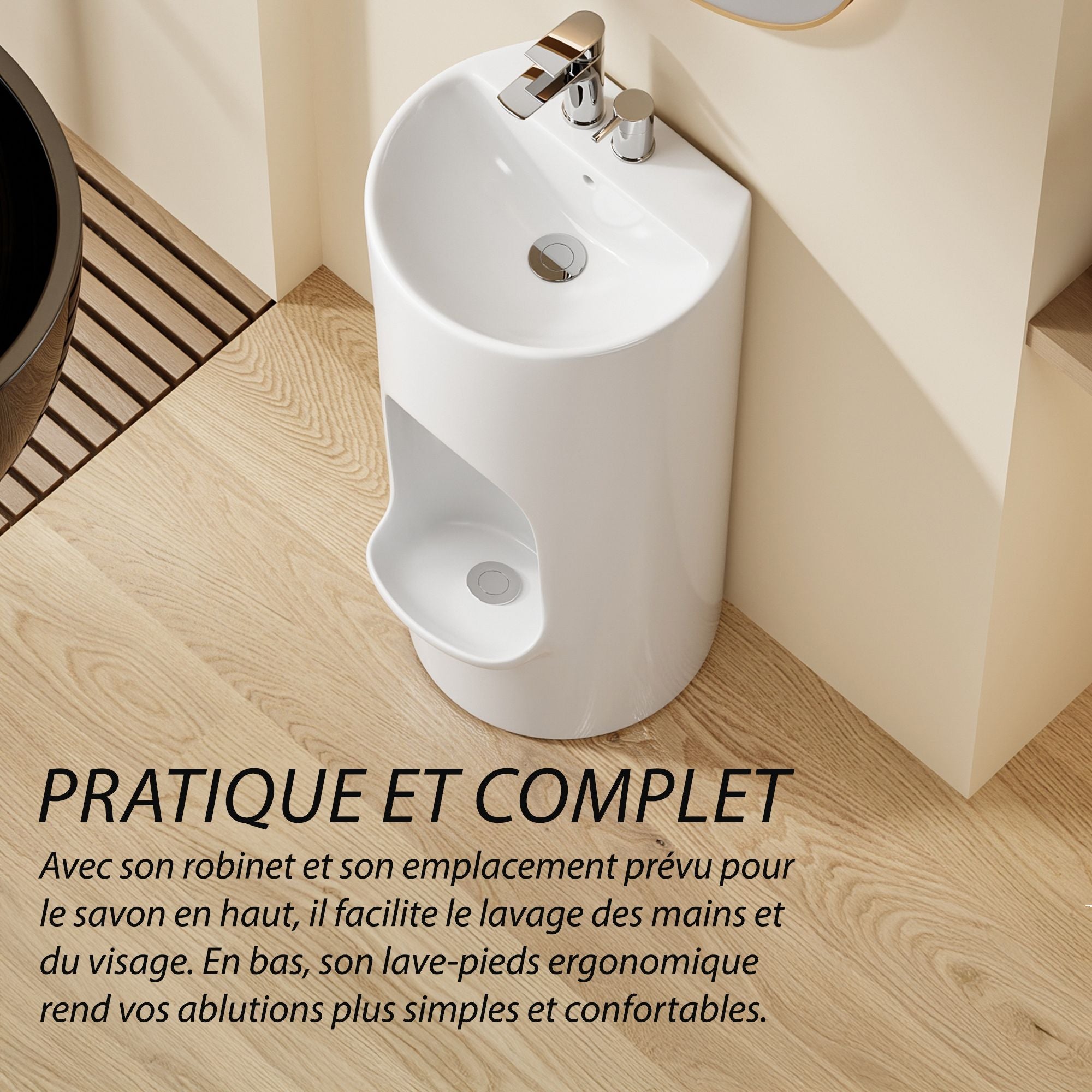 Lavabo d'ablutions Riyad : Design rond et fin avec robinet intégré et lave-pieds ergonomique.