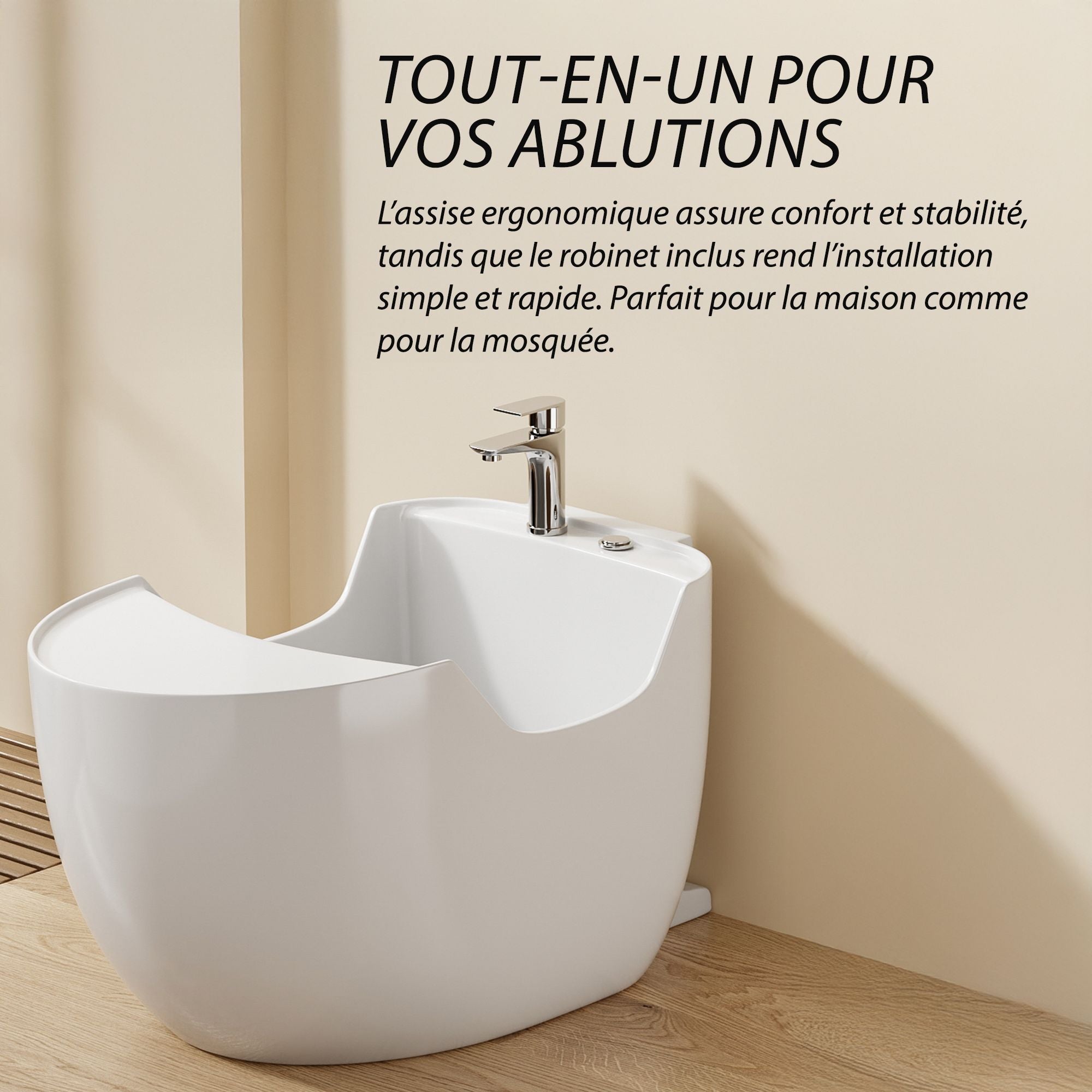 Bassin d'ablutions Medine avec assise - Compact et Polyvalent : Bassin d'ablution blanc avec robinet chromé, parfait pour salle de bain ou mosquée.
