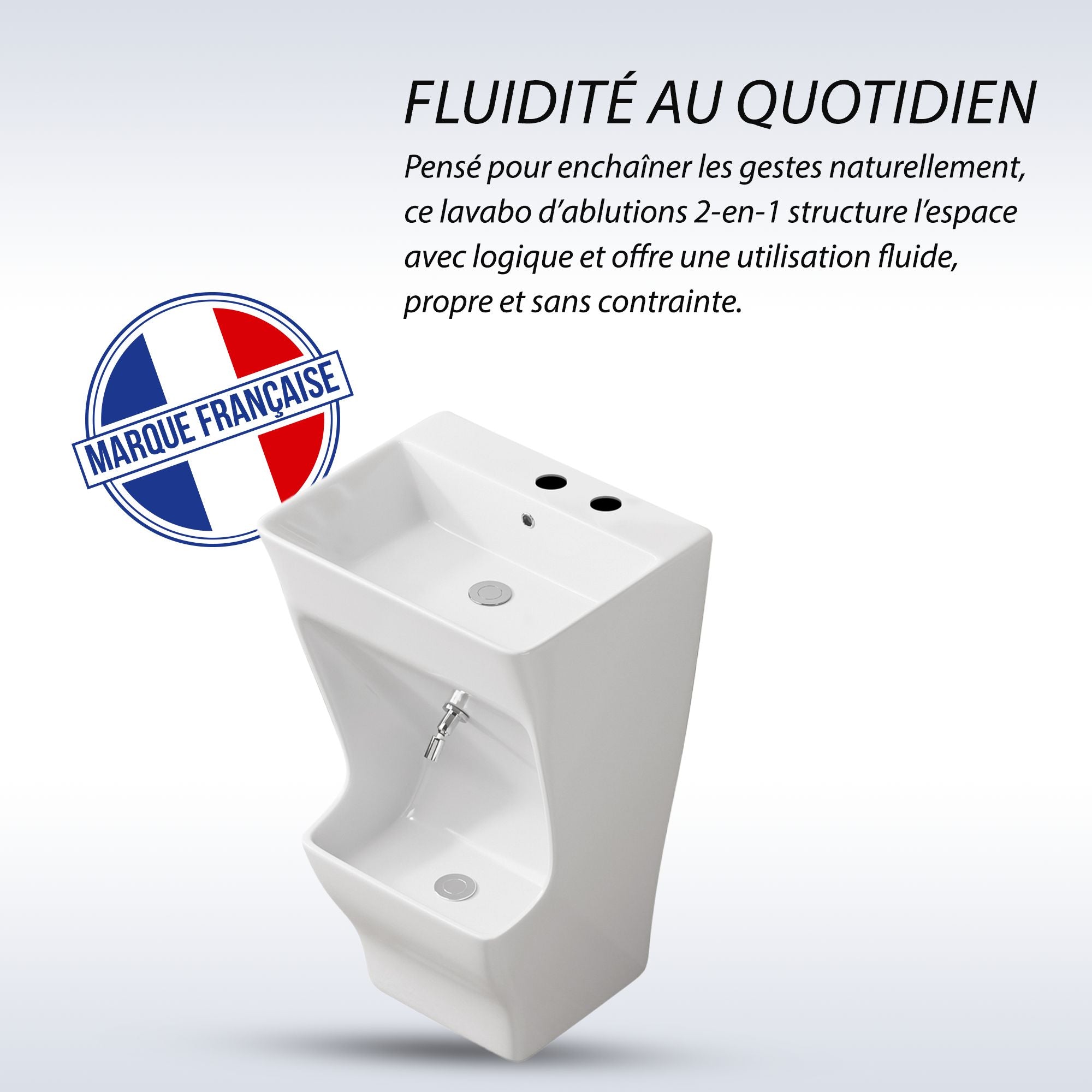 Lavabo d'ablutions Tunis blanc, design rectangulaire, structure 2-en-1, fabrication française.