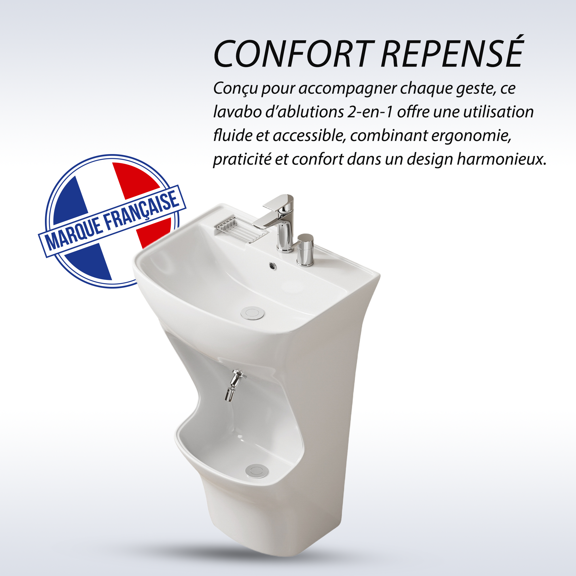 Lavabo d’ablutions Beyrouth blanc design arrondi avec porte-savon intégré et robinetterie.