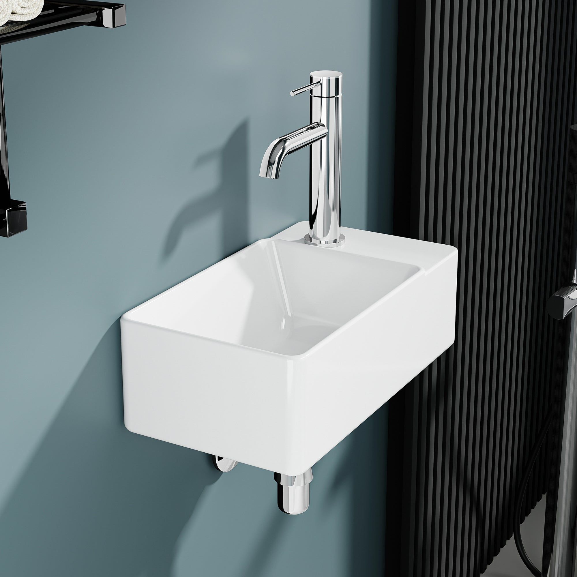 Vasque lave-mains rectangulaire blanc, sortie droite, 40x22x13 cm.