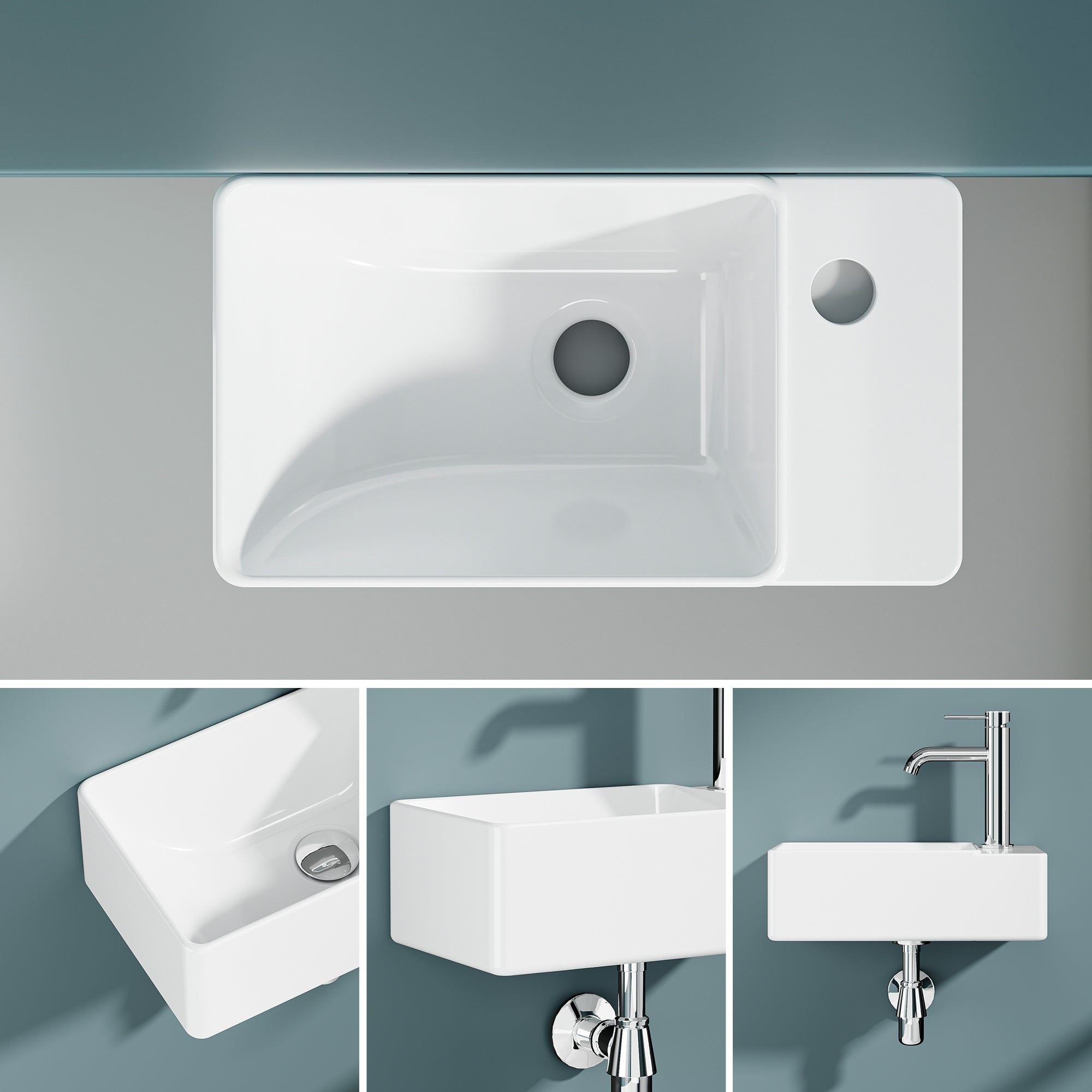 Vasque lave-mains rectangulaire blanc 40x22cm, installation droite, design compact pour petits espaces.