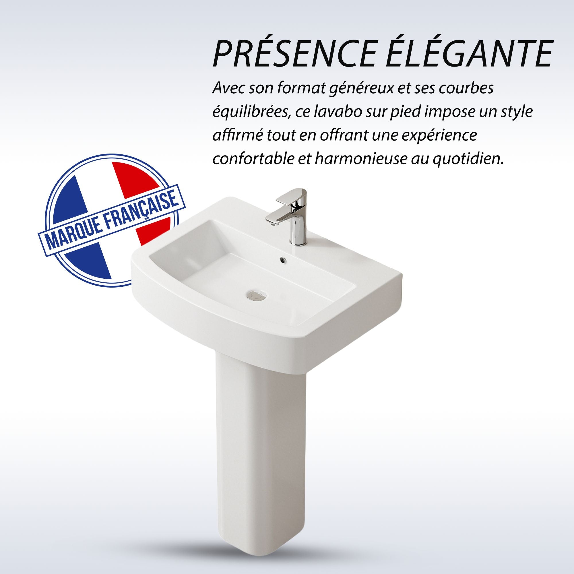 Lavabo colonne sur pied en céramique blanche, design moderne aux courbes arrondies