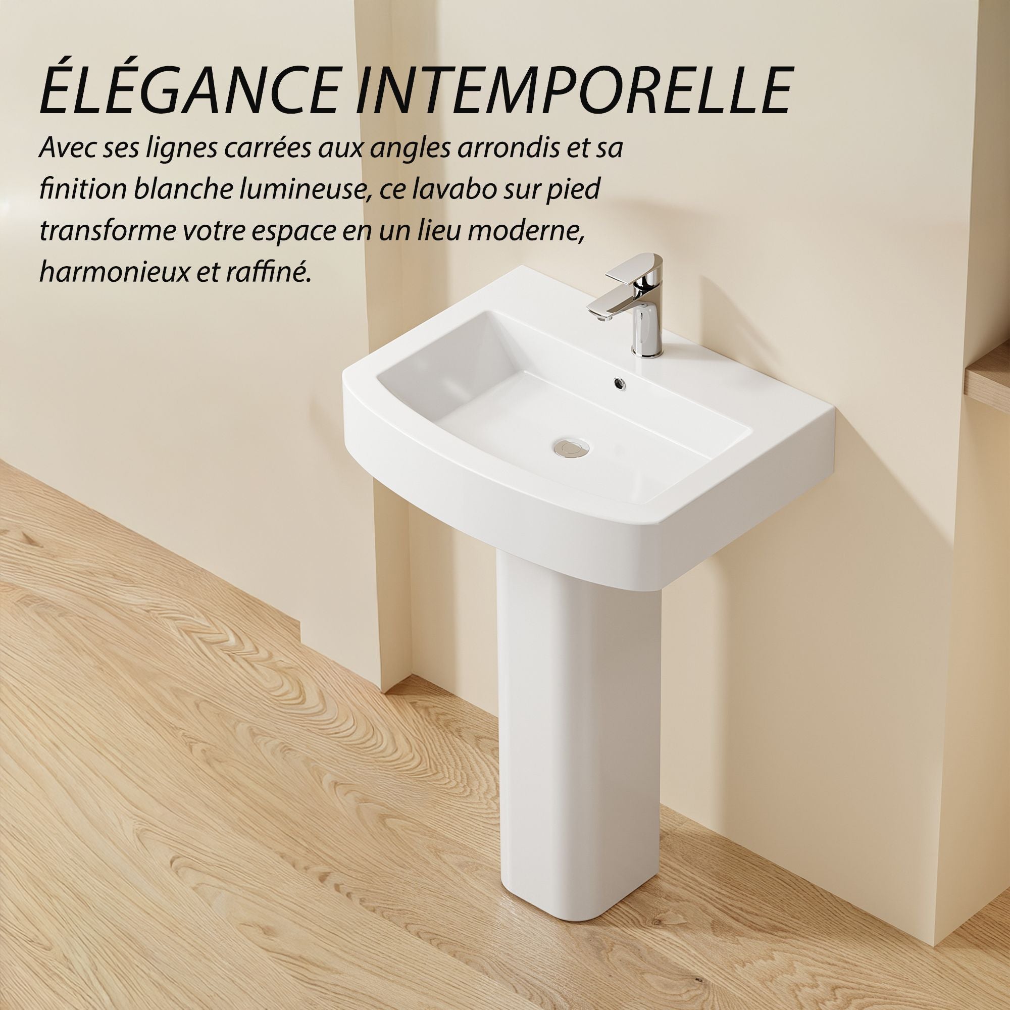 Lavabo colonne blanc en céramique, design carré arrondi moderne