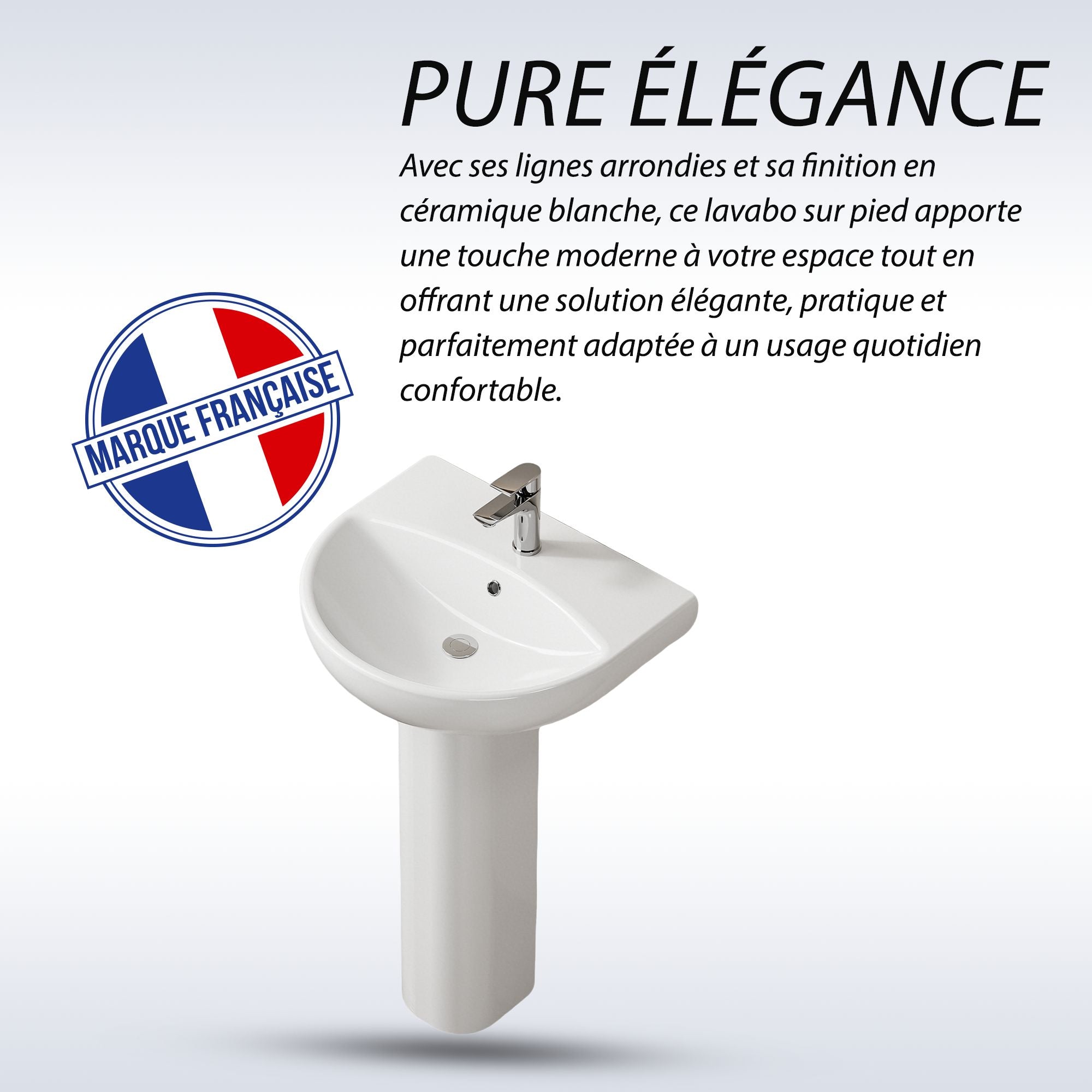 Lavabo sur pied colonne en céramique blanche, design arrondi moderne, fabrication française