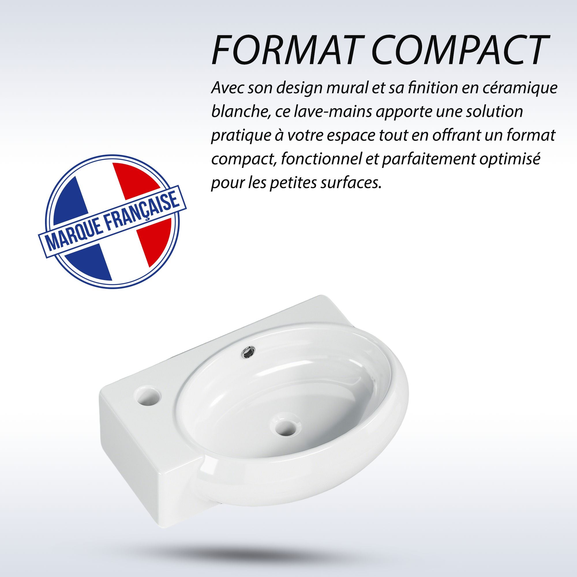 Vasque lave-mains blanc sortie gauche, design mural compact pour petites surfaces