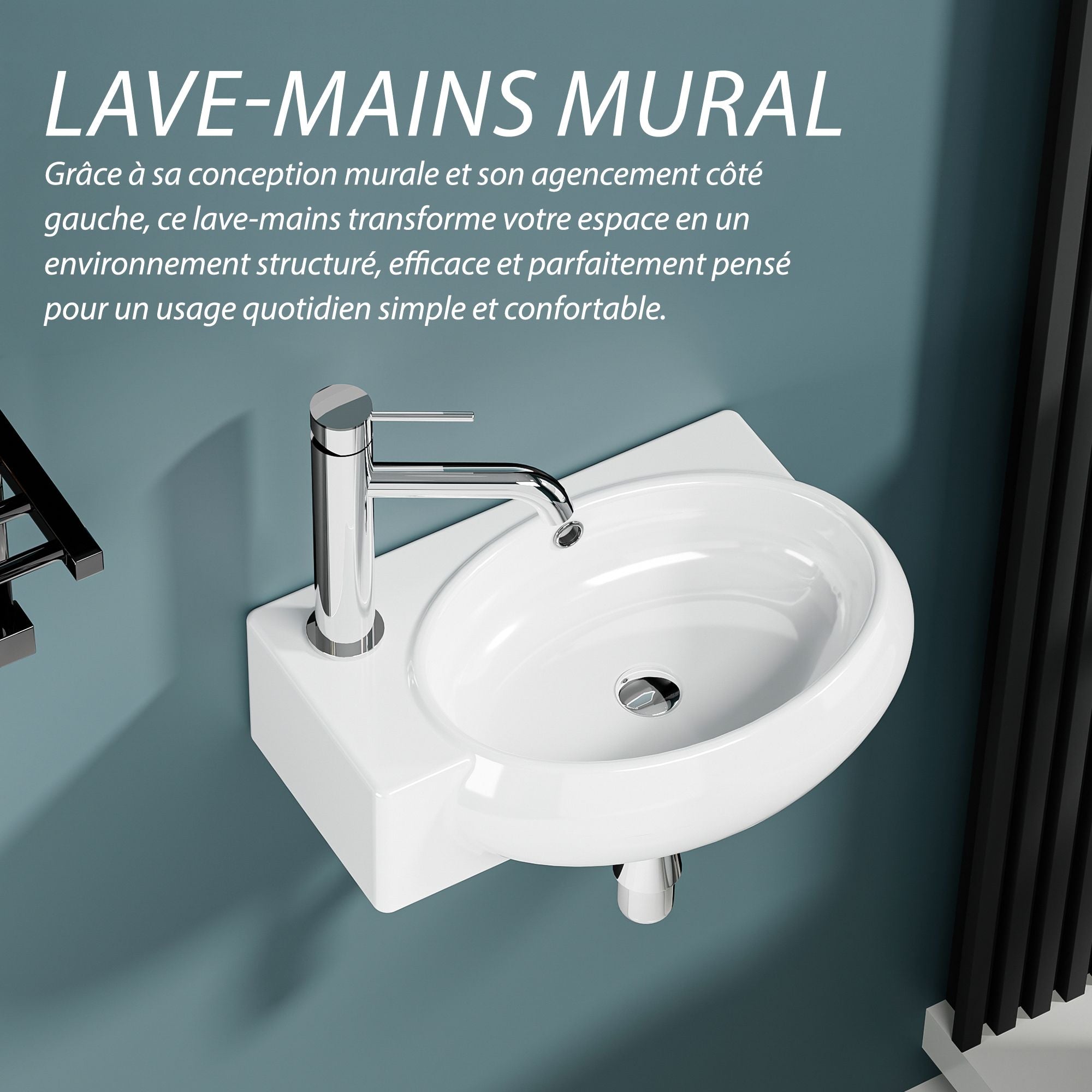 Vasque lave-mains blanc sortie gauche avec cuve murale, design moderne et compact pour salle de bain.