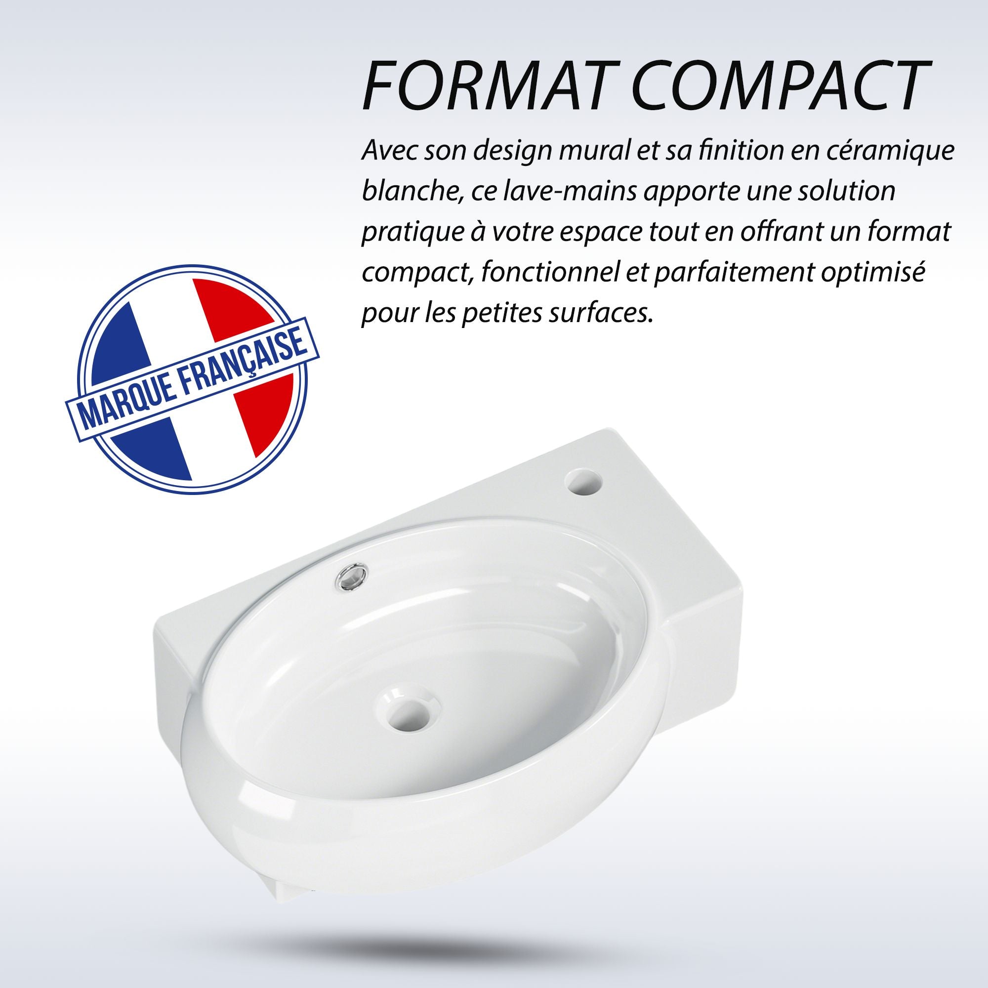 Vasque lave-mains blanc compact, sortie droite, design mural, fabrication française