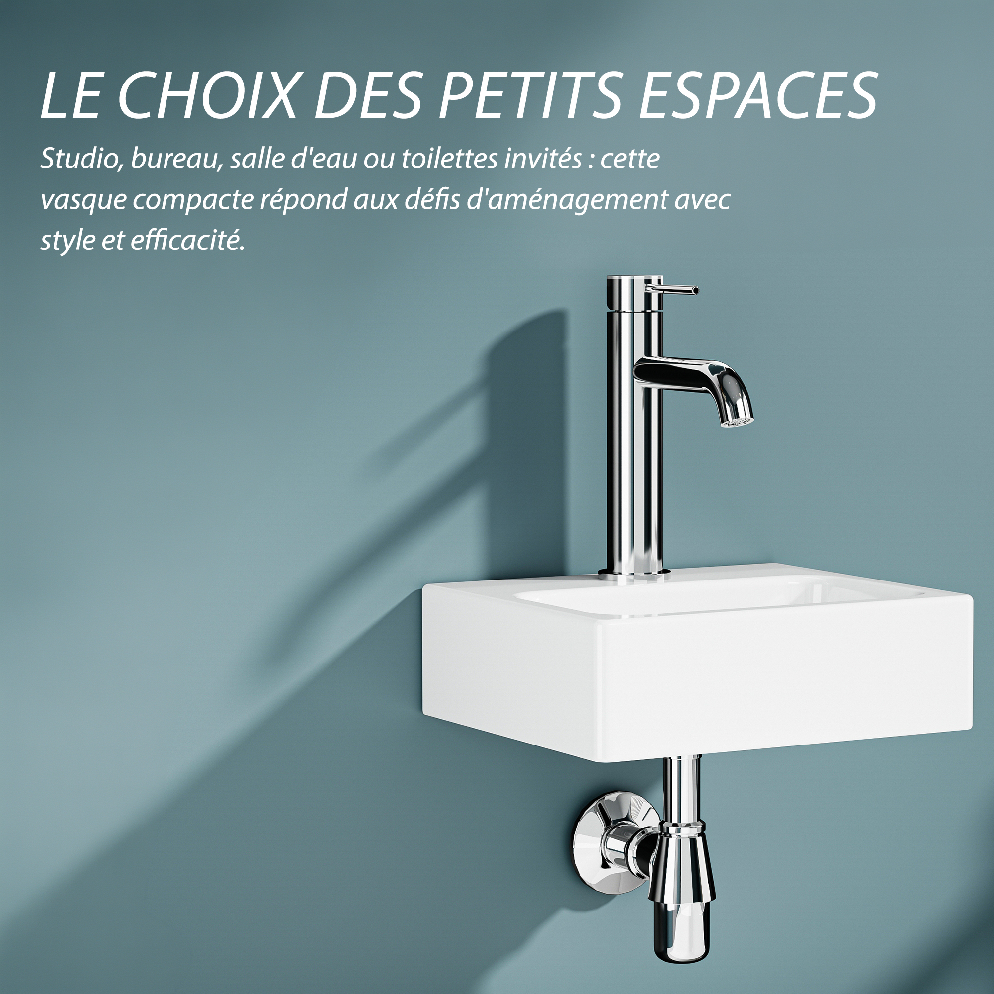 Vasque lave-mains murale PABLO rectangulaire en céramique blanche, idéale pour petits espaces.