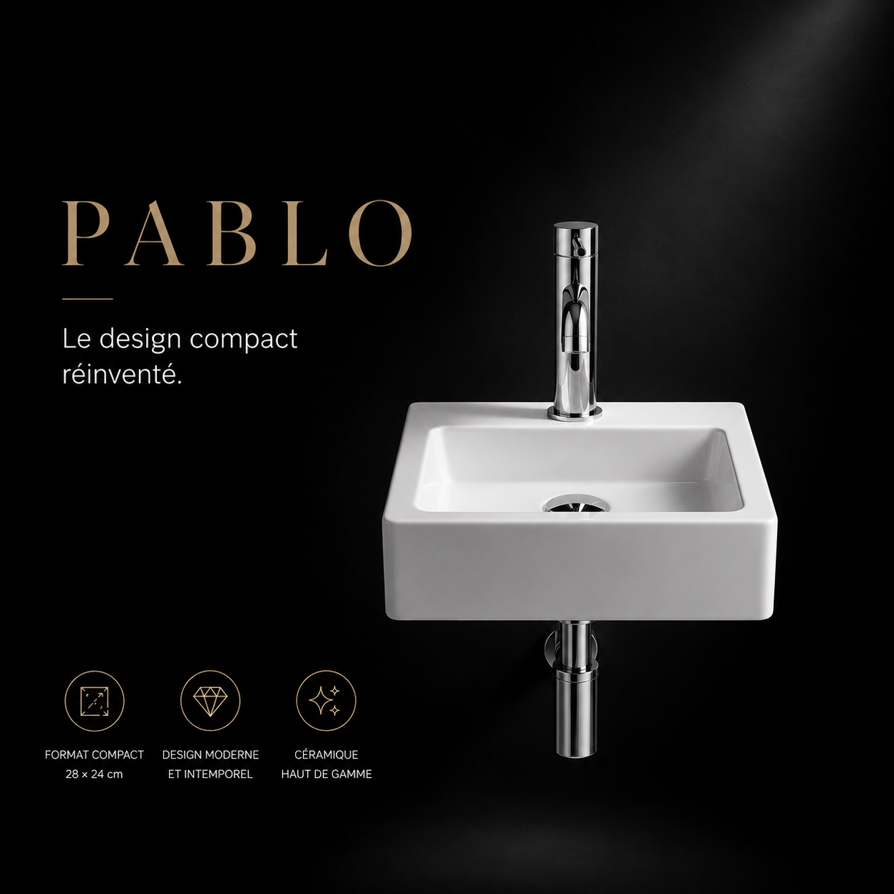 Vasque rectangulaire PABLO en céramique blanche, format compact 28x24cm, design moderne.