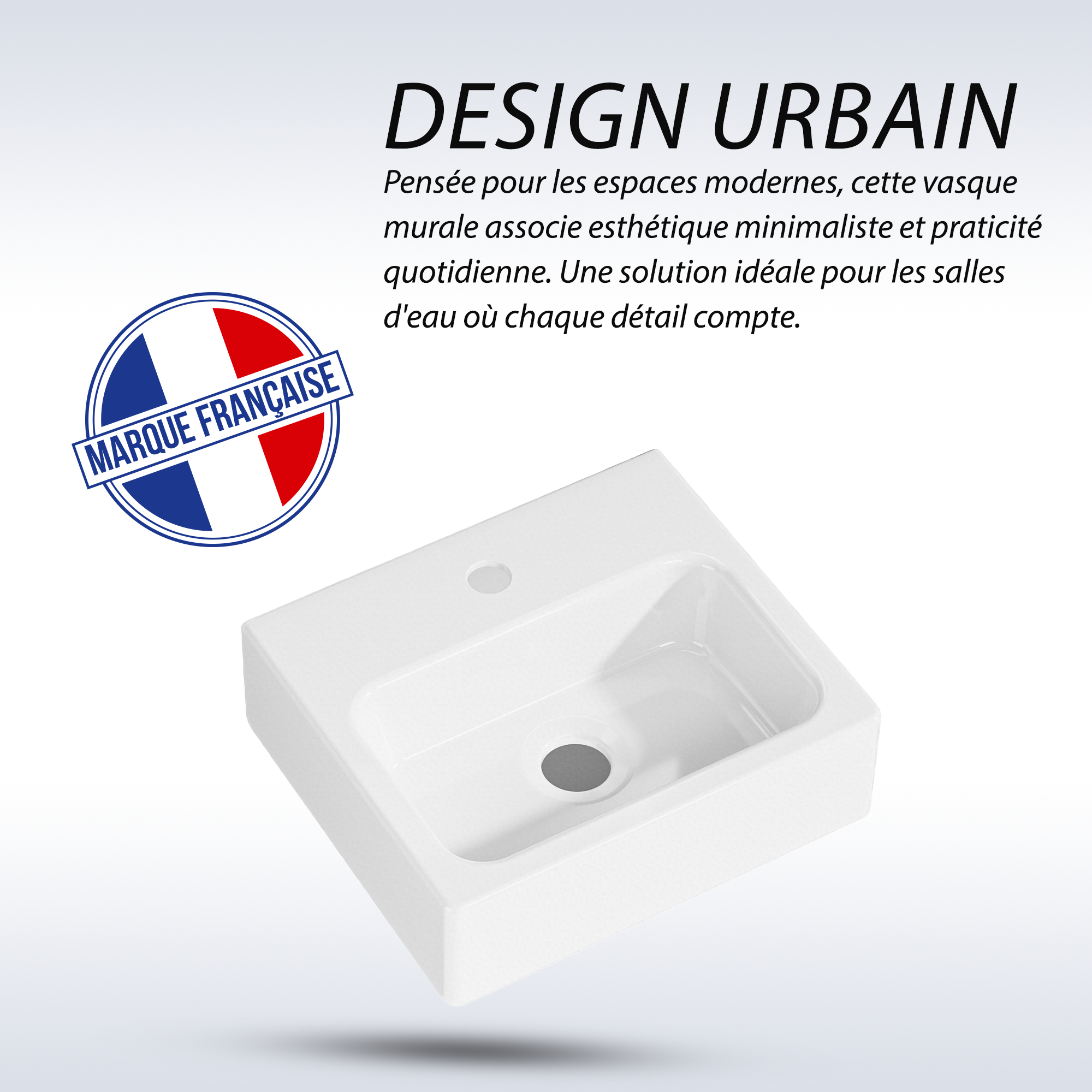 Vasque lave-mains murale rectangulaire blanche en céramique, design urbain moderne.