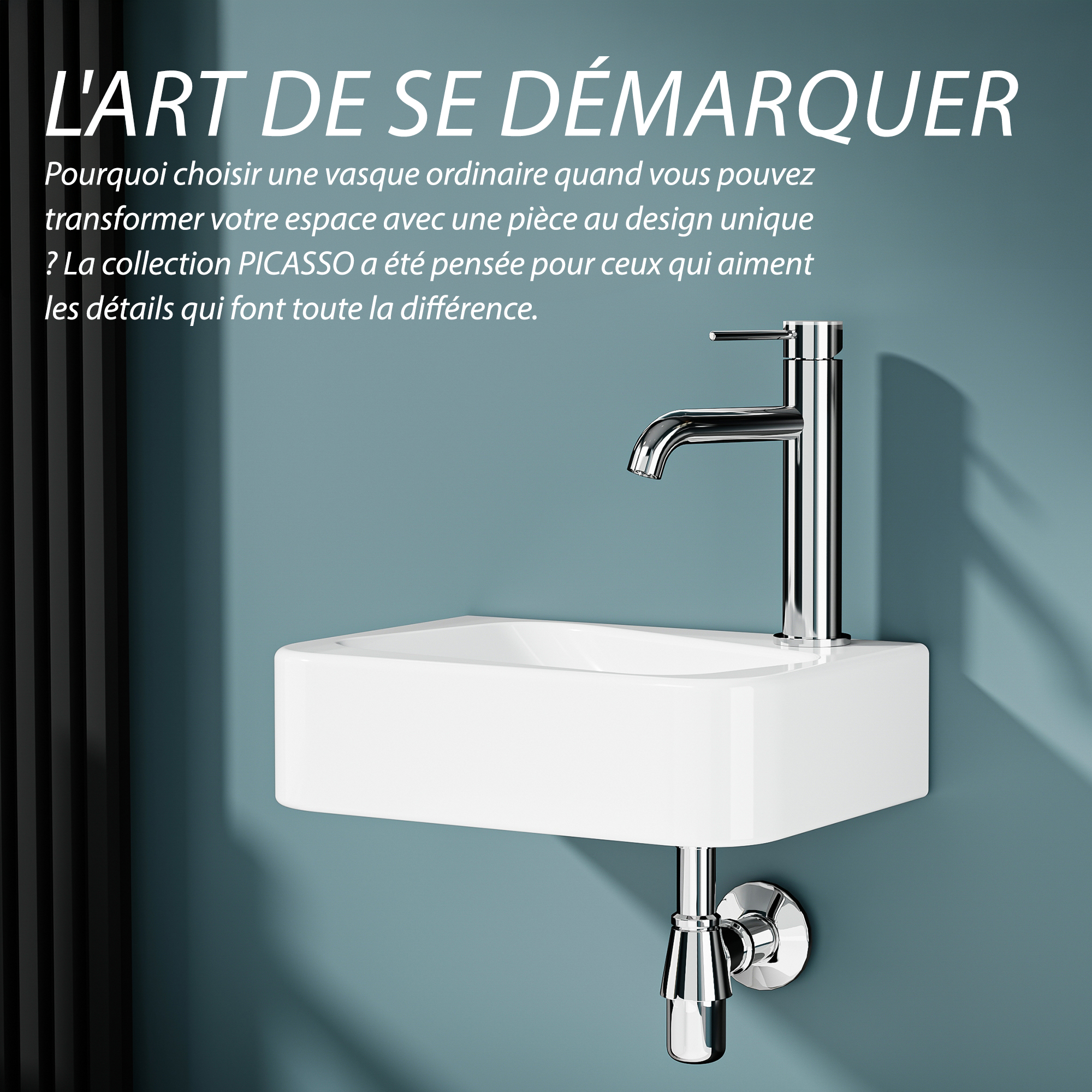 Vasque lave-mains murale PICASSO en céramique blanche, design asymétrique moderne.