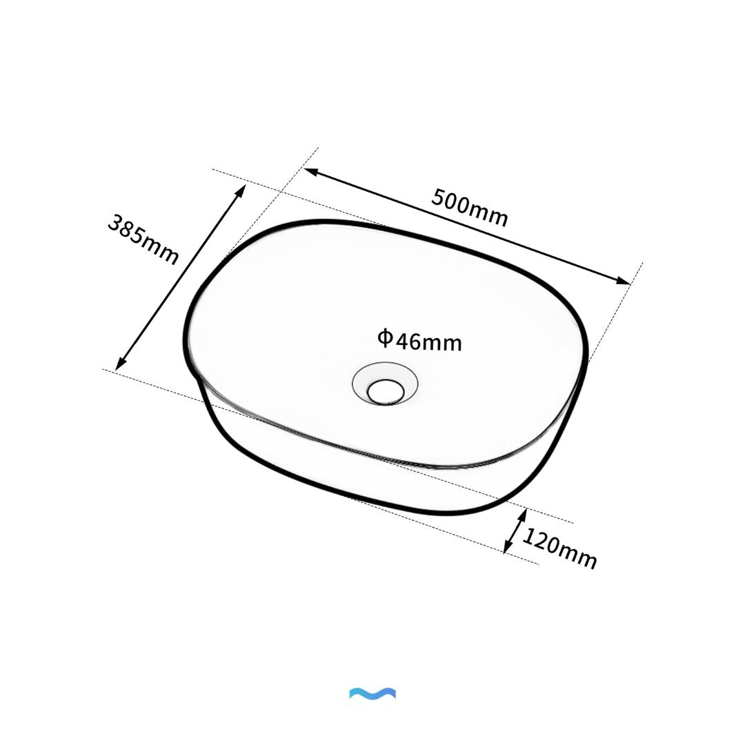 Vasque à poser ovale, 500 mm x 385 mm, avec bonde de 46 mm. Design moderne pour salle de bain.