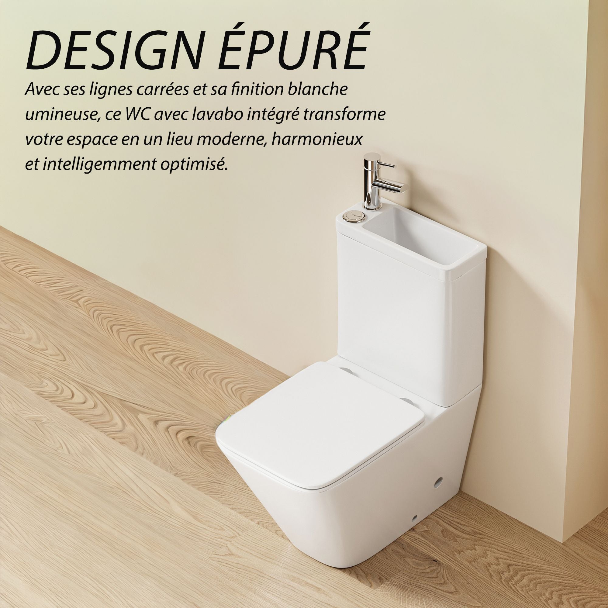 WC à poser avec lave-mains intégré 2-en-1 sans bride sortie horizontale - Design carré blanc