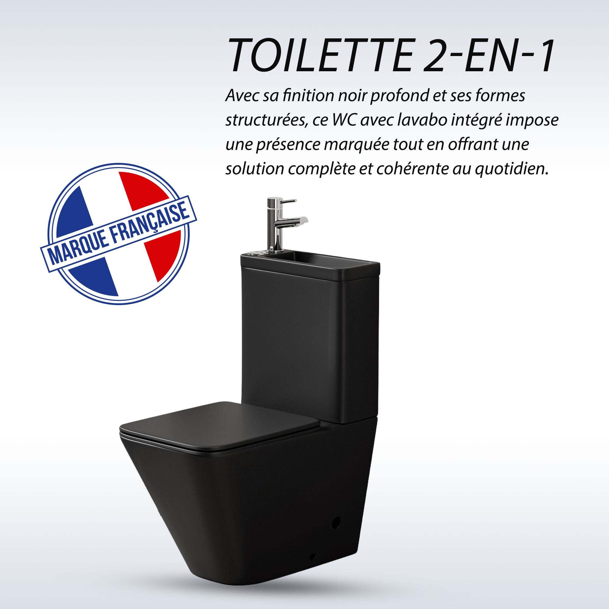 WC à poser 2-en-1 noir avec lave-mains intégré, finition mate et design carré