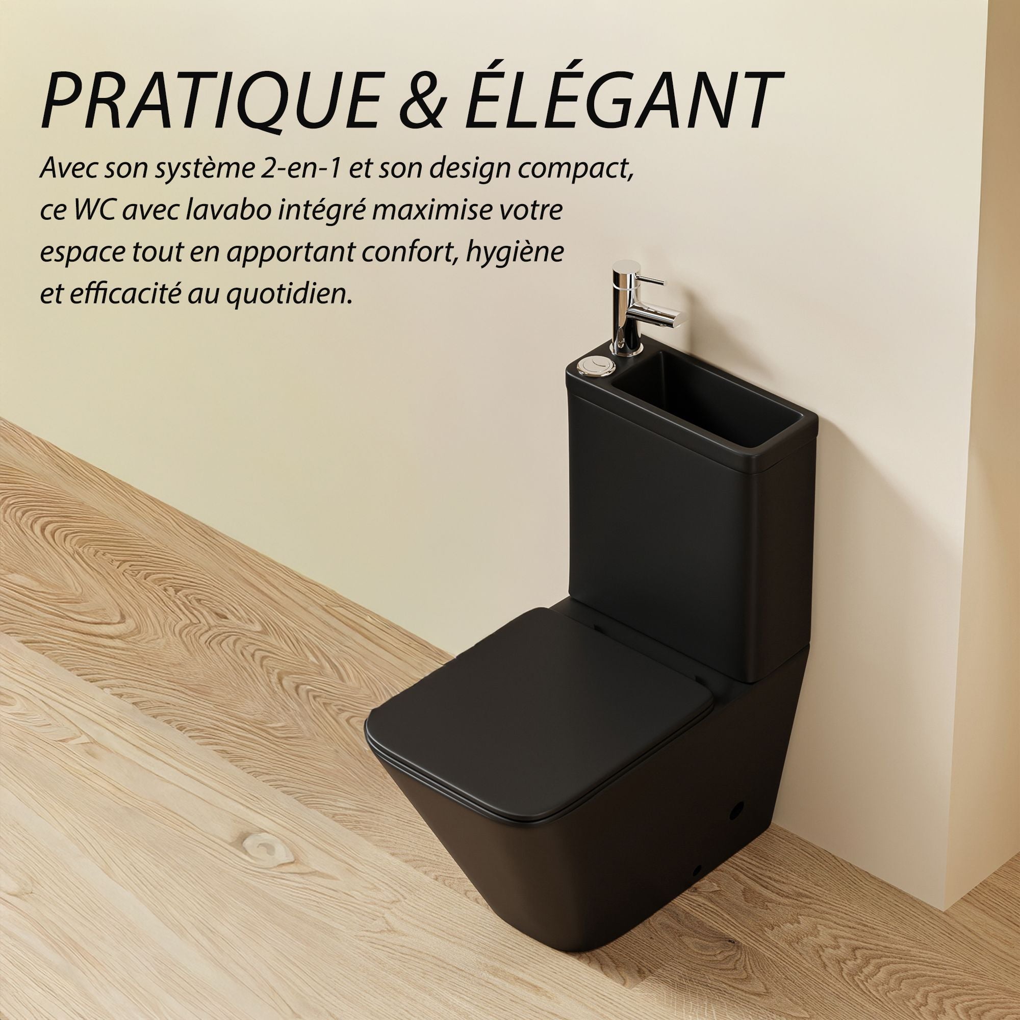 WC noir design carré avec lave-mains intégré 2-en-1, gain de place et hygiénique
