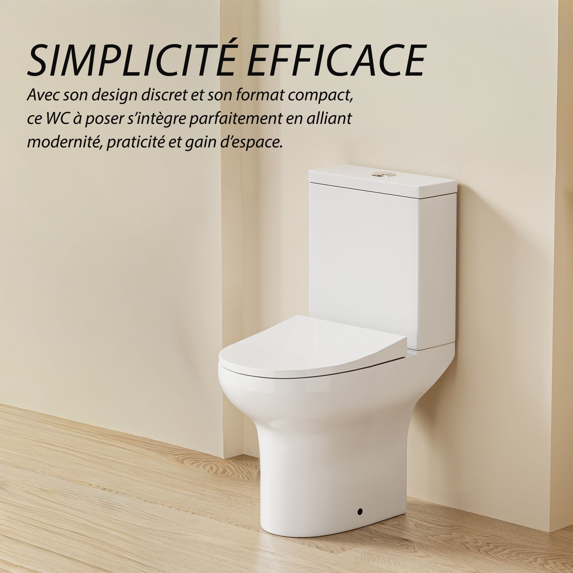 WC ultra compact à poser, sortie horizontale, design moderne et discret