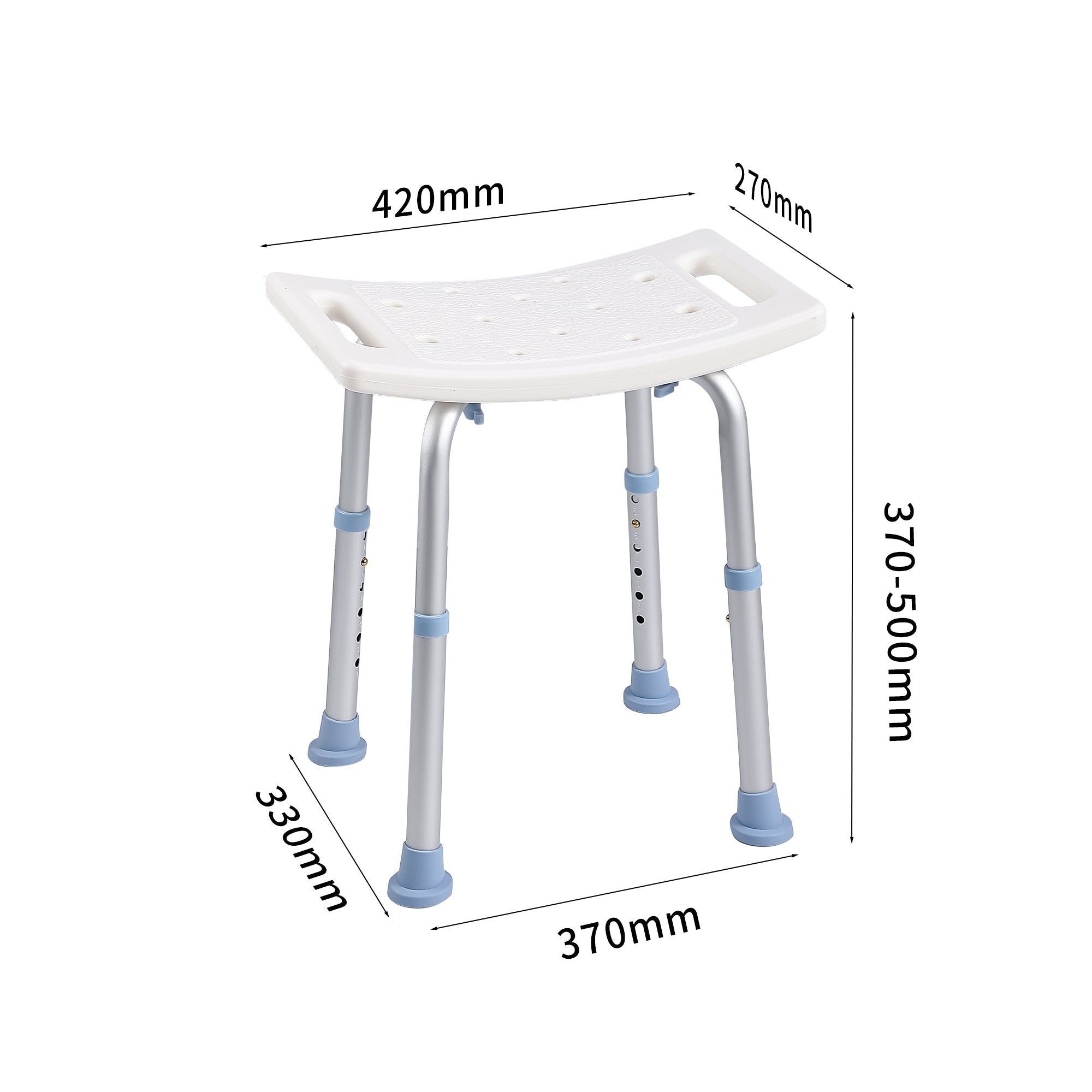 Chaise de douche réglable en hauteur de 370 à 500 mm, idéale pour les personnes âgées et les personnes à mobilité réduite.