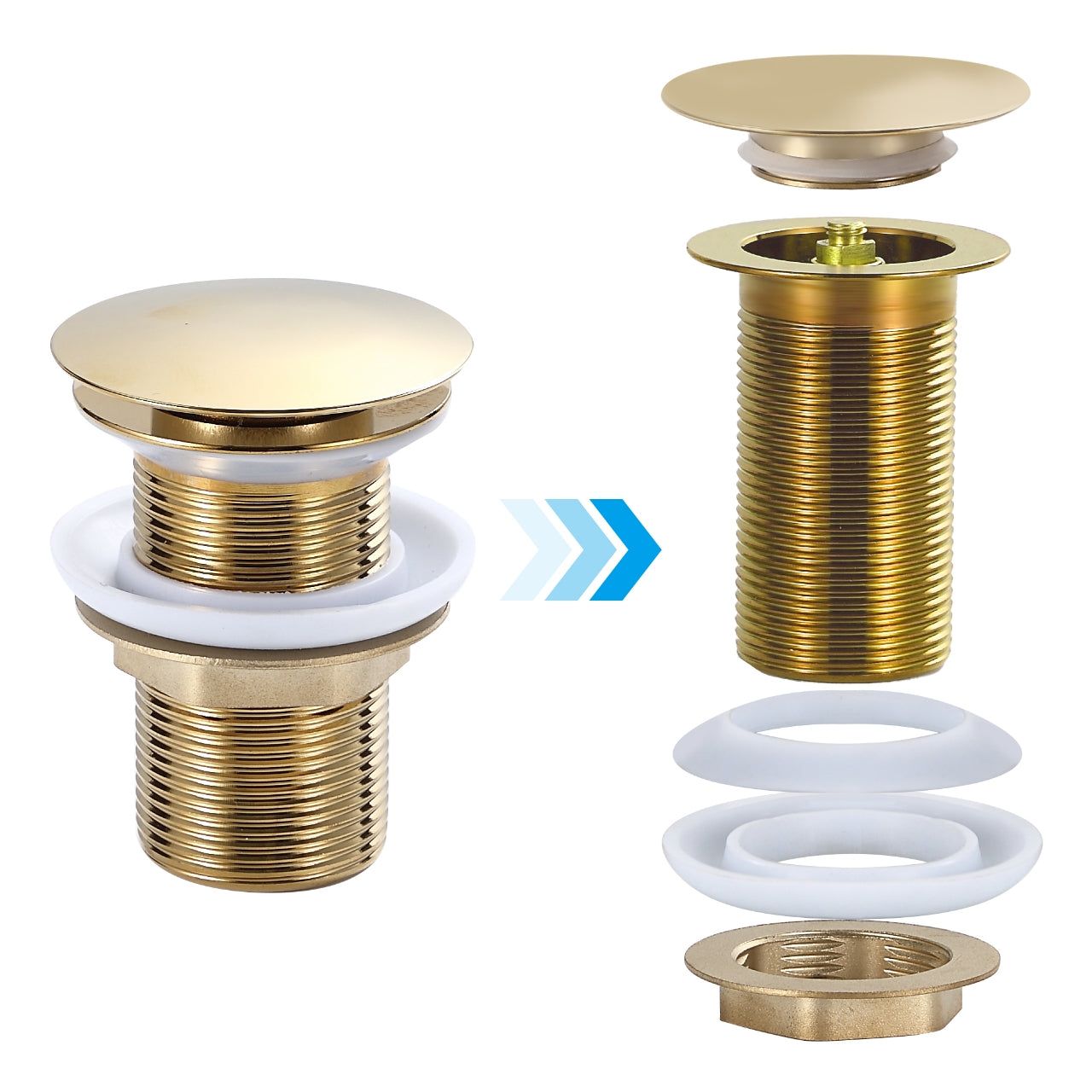 Bonde clic-clac coloris ou : Bonde de lavabo clic-clac dorée avec vues assemblées et démontées, montrant tous les composants.