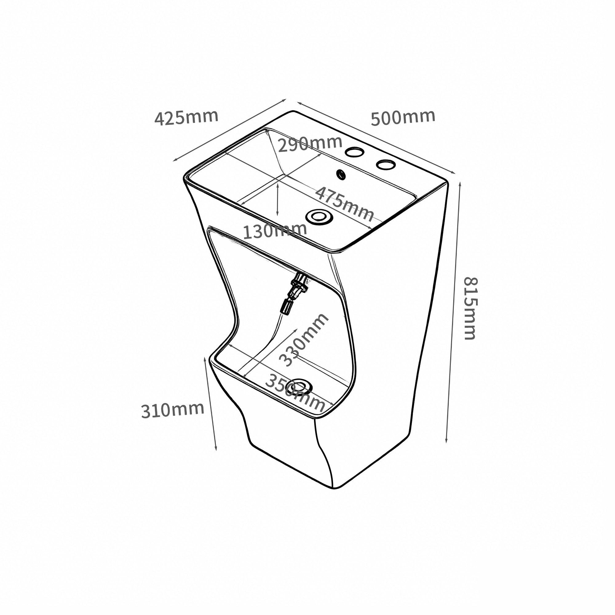 Lavabo d'ablutions Tunis rectangulaire : design moderne avec dimensions détaillées.
