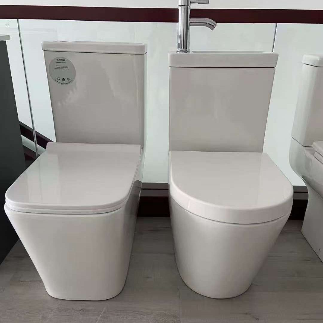 WC à poser avec lave-mains intégré 2-en-1 sans bride sortie horizontale - Design arrondie blanc