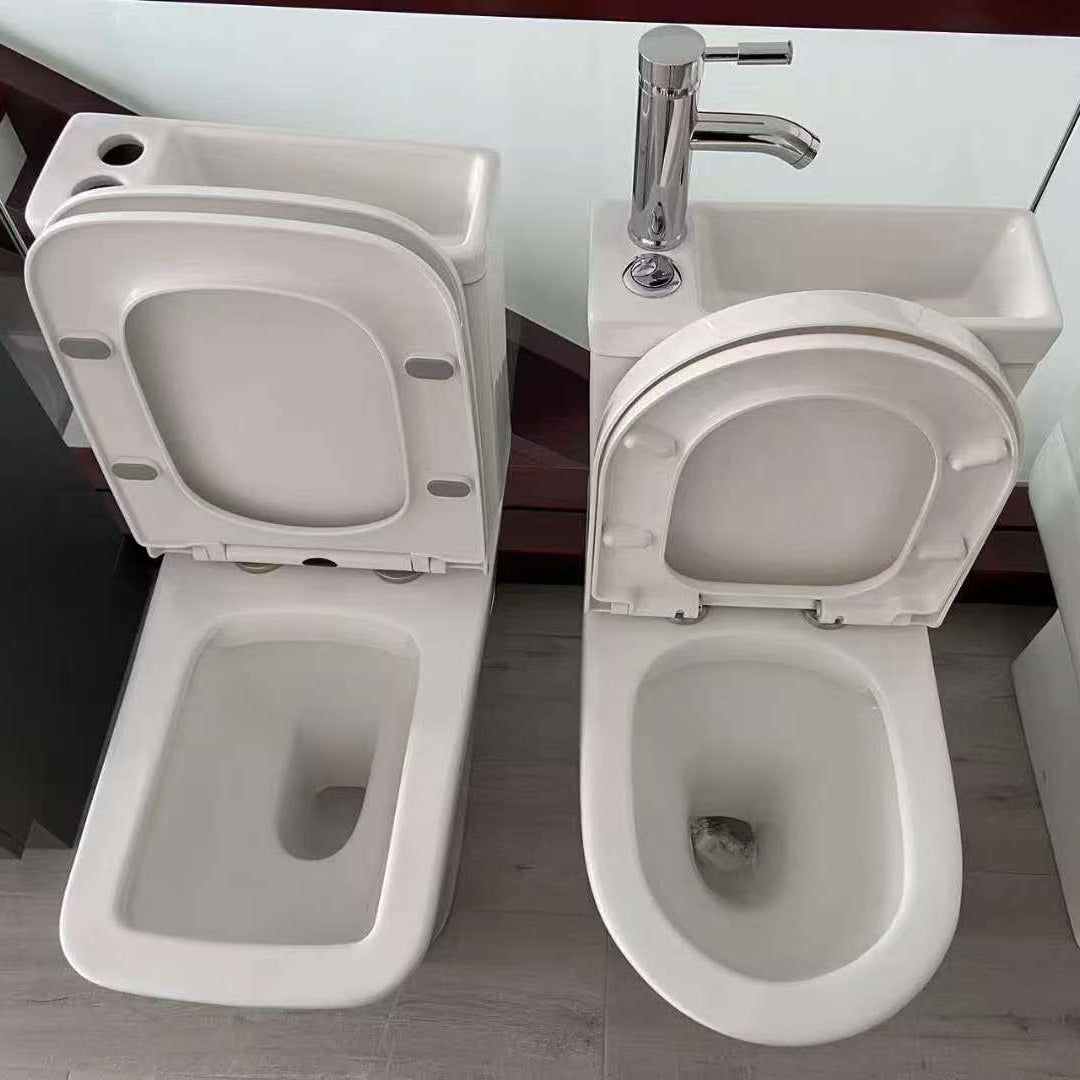 WC à poser avec lave-mains intégré 2-en-1 sans bride sortie horizontale - Design arrondie blanc