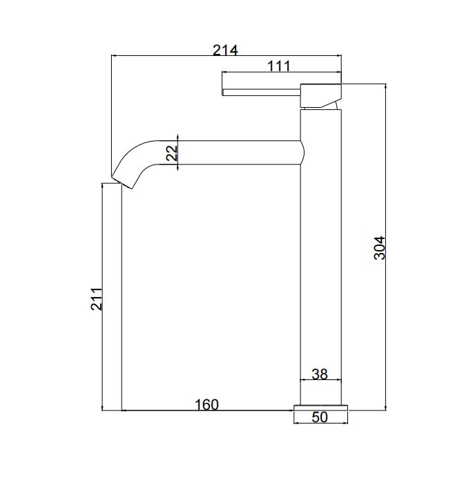 Schéma technique du robinet à bec haut 30 cm gris métallisé, montrant les dimensions