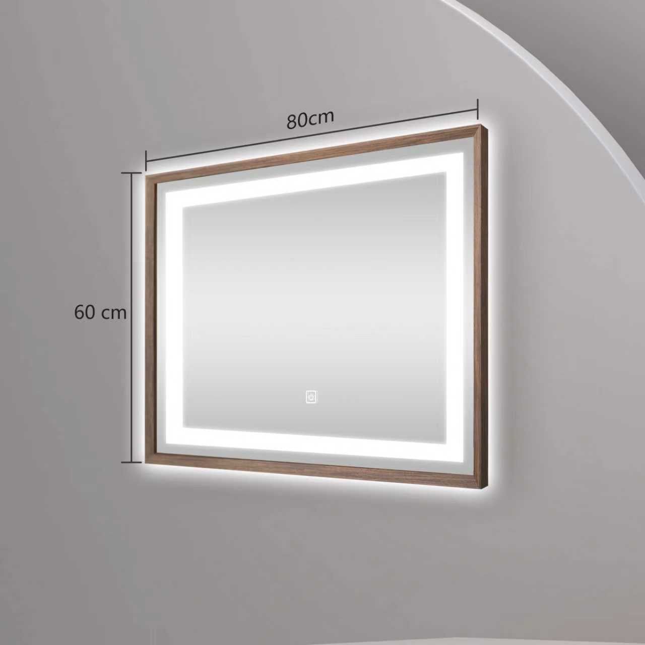 Miroir lumineux LED avec cadre bois Noyer foncé veinage naturel