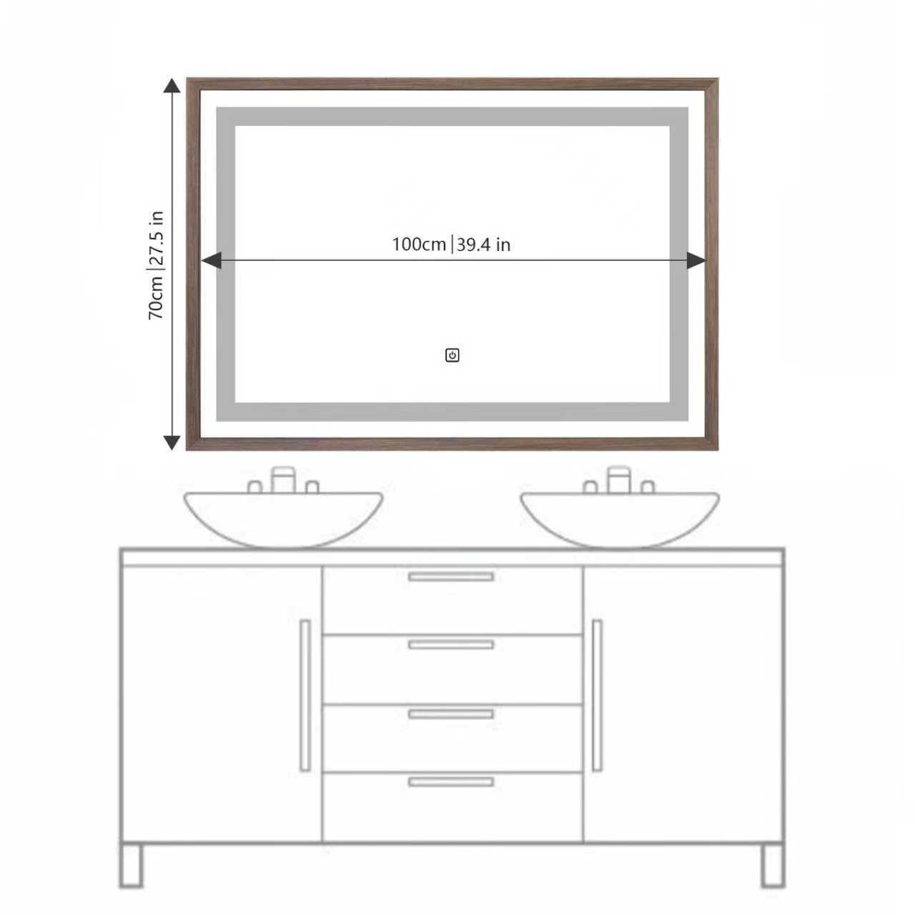 Miroir lumineux LED avec cadre bois Noyer foncé veinage naturel