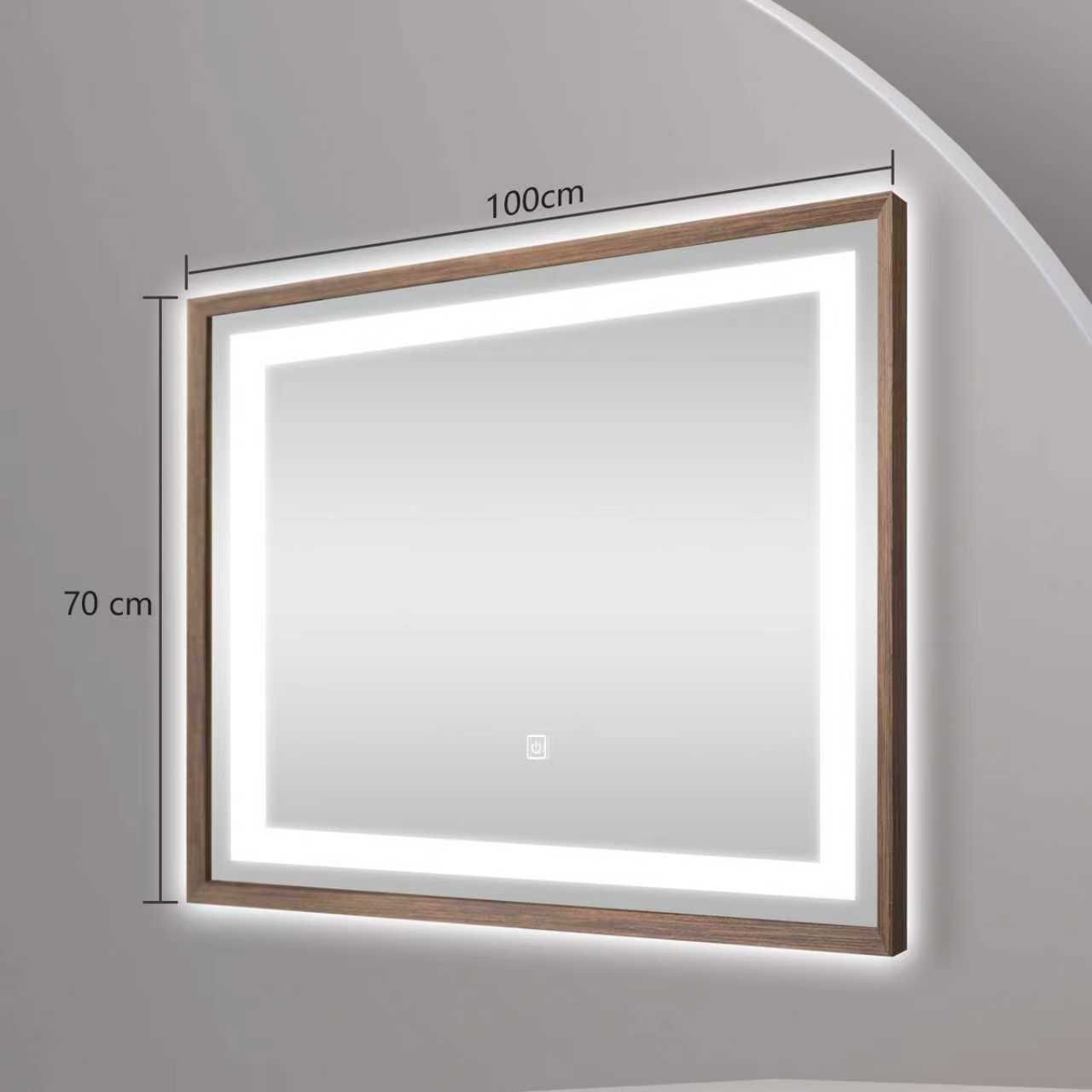Miroir lumineux LED avec cadre bois Noyer foncé veinage naturel