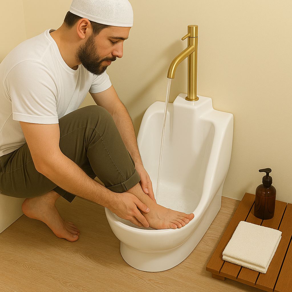 Bassin d'ablution Oran : bassin en céramique blanche avec robinet doré, idéal pour le lavage des pieds et les ablutions rituelles.