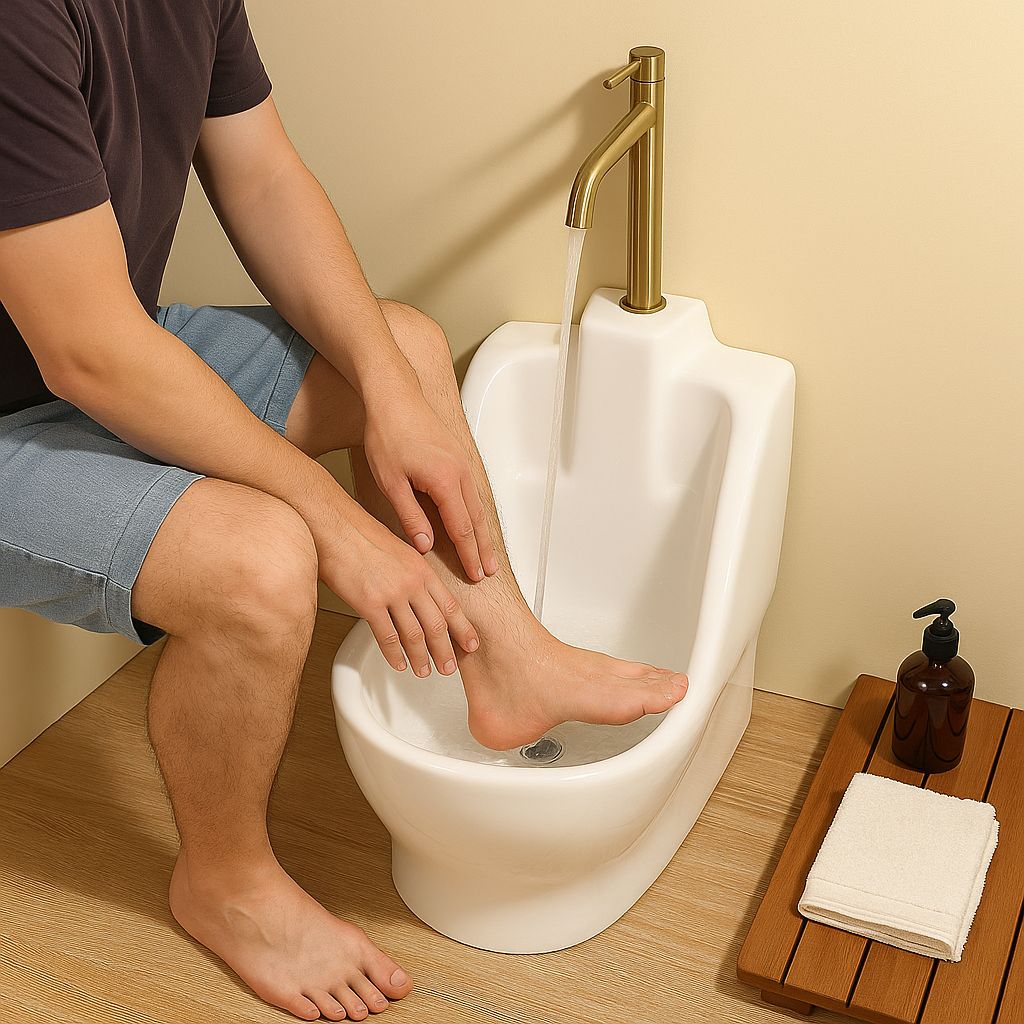 Bassin d'ablution d'Oran : bassin en céramique pour le lavage des pieds, équipé d'un robinet doré. Idéal pour la purification rituelle.