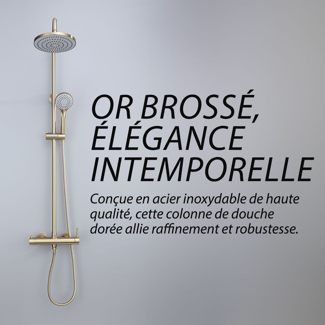 Colonne de douche or brossé : Design moderne et minimaliste. Dotée d'une vanne thermostatique et d'un pommeau de douche.