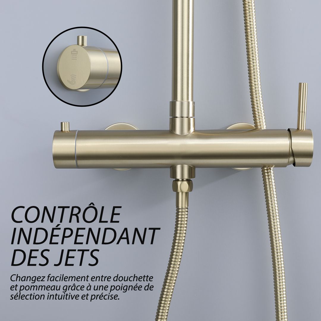 Colonne de douche or brossé : Design moderne et minimaliste. Dotée d'une vanne thermostatique et d'un pommeau de douche. Dileci.