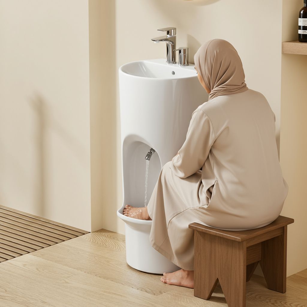 Lavabo d'ablutions Riyad : Design rond et fin, station de lavage des pieds en céramique blanche.