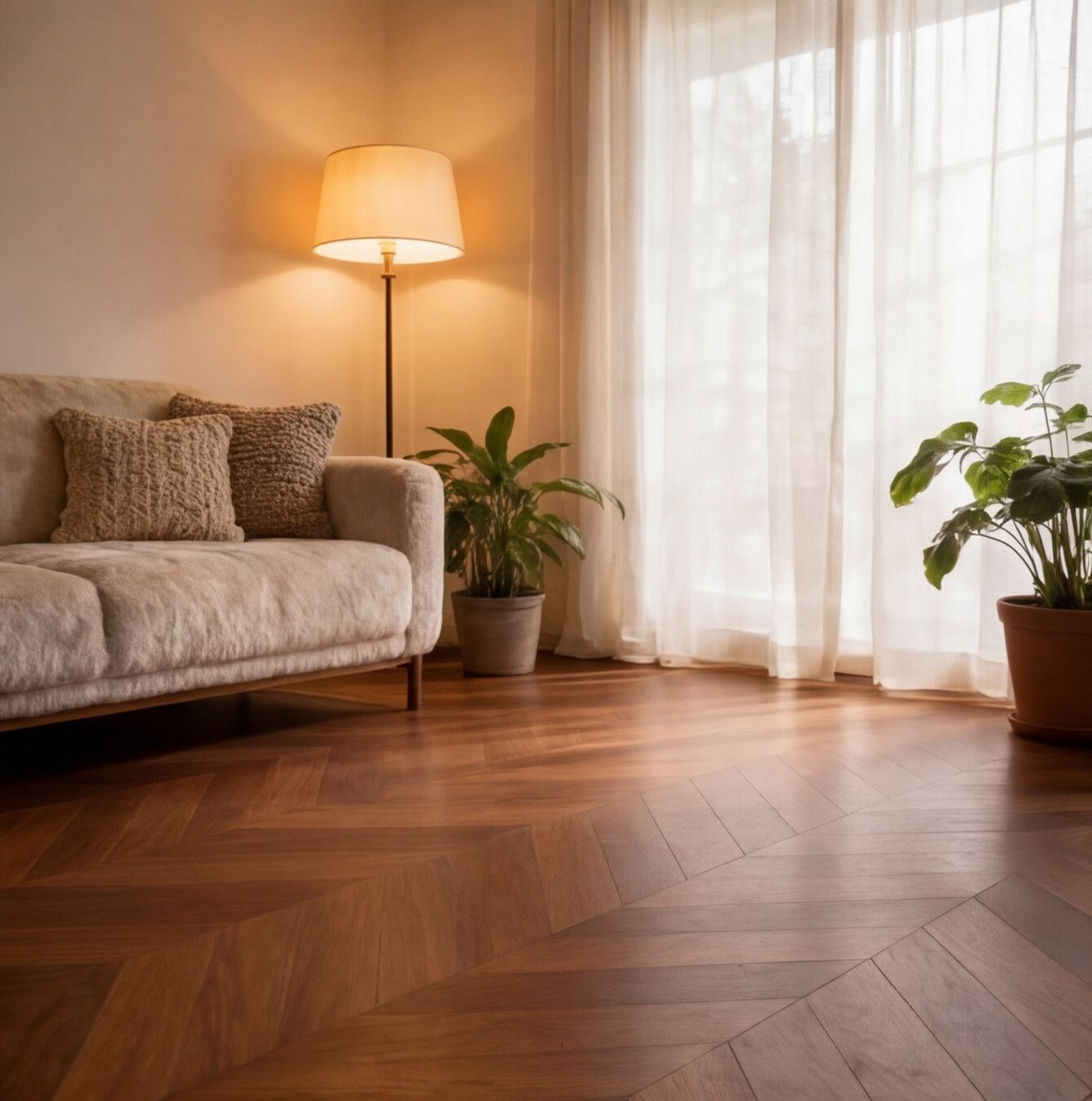 Parquet chêne français foncé Point de Hongrie, pose chevron élégante sur sol en bois