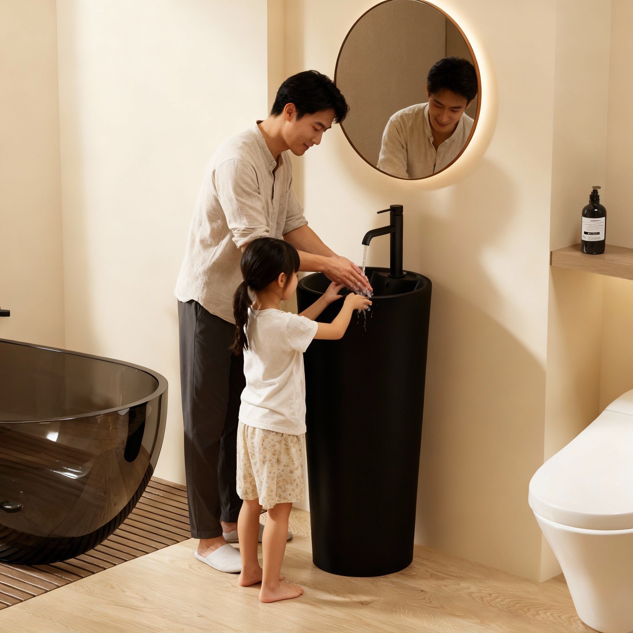 Lavabo Totem Design Rond et Épuré Noir Mat en Céramique