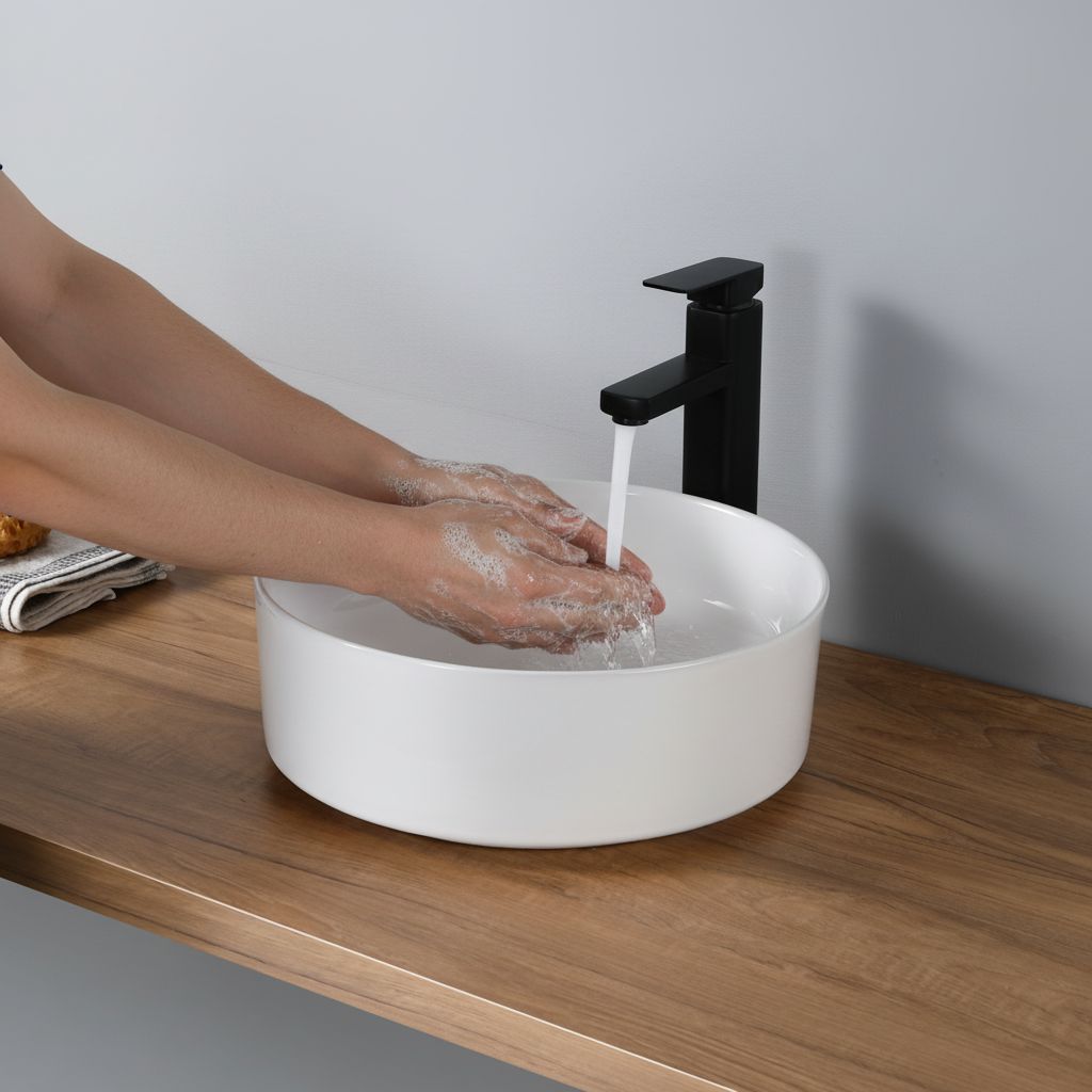 Vasque à poser ronde en céramique blanche, robinetterie noire moderne