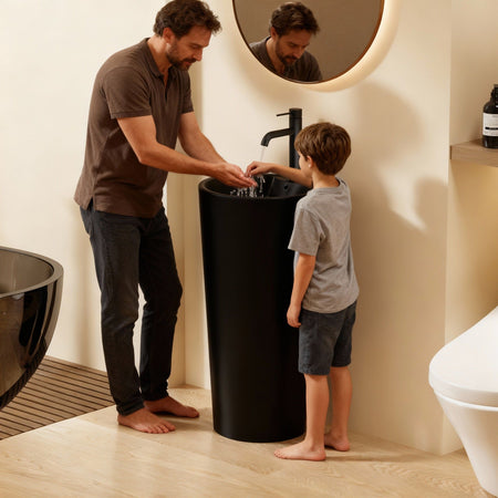 Lavabo Totem Design Rond et Épuré Noir Mat en Céramique