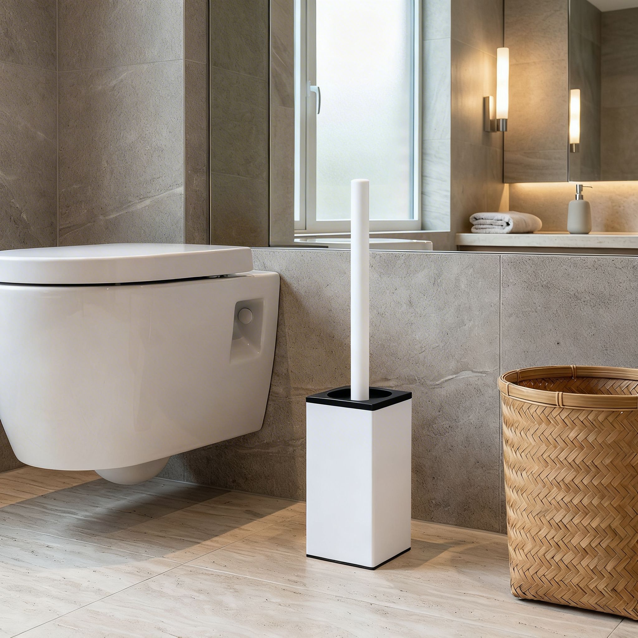 Brosse WC carrée blanche avec couvercle – design moderne et hygiène