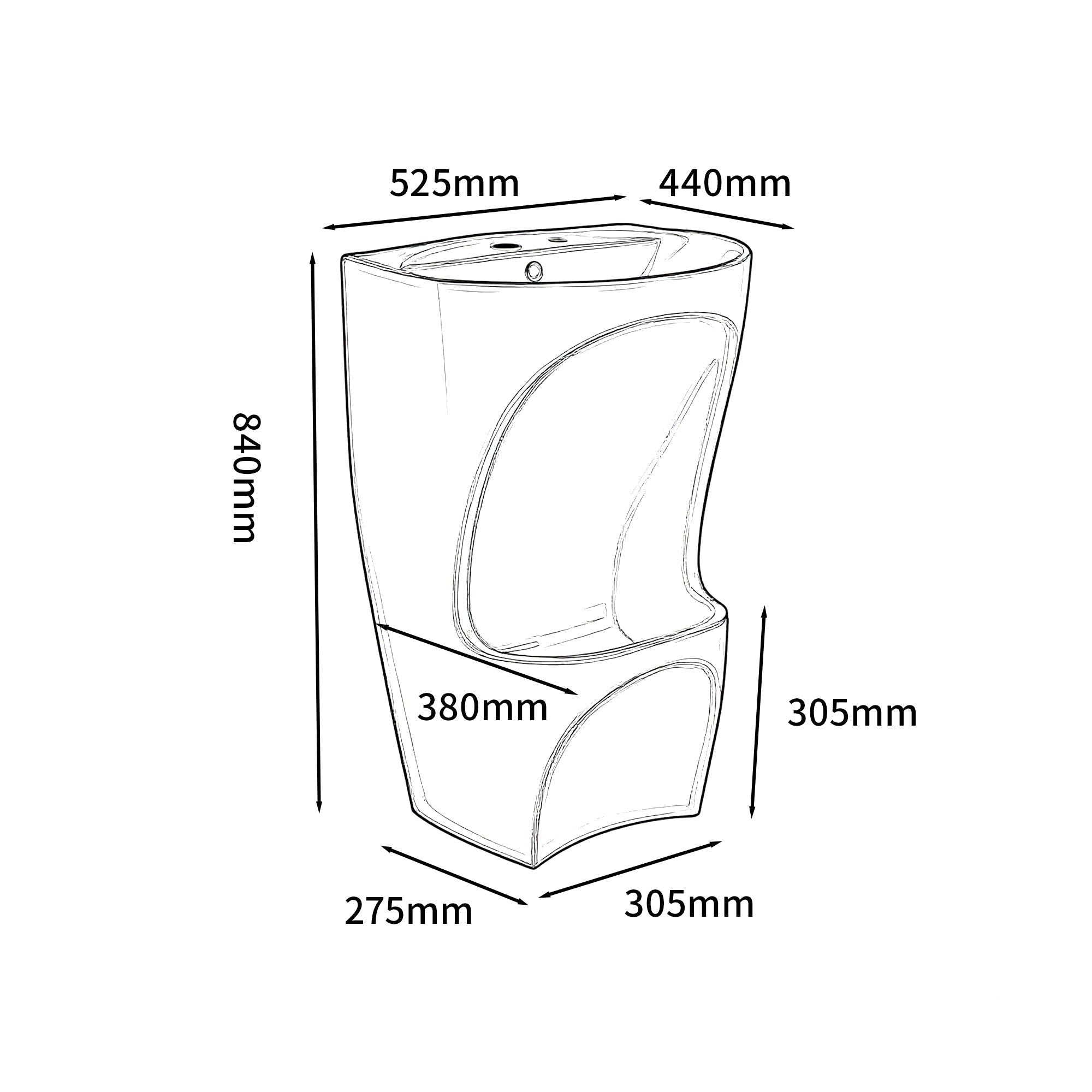 Lavabo sur pied en céramique Marrakech : Design moderne, hauteur 840 mm, idéal pour la salle de bain. Dimensions détaillées incluses.