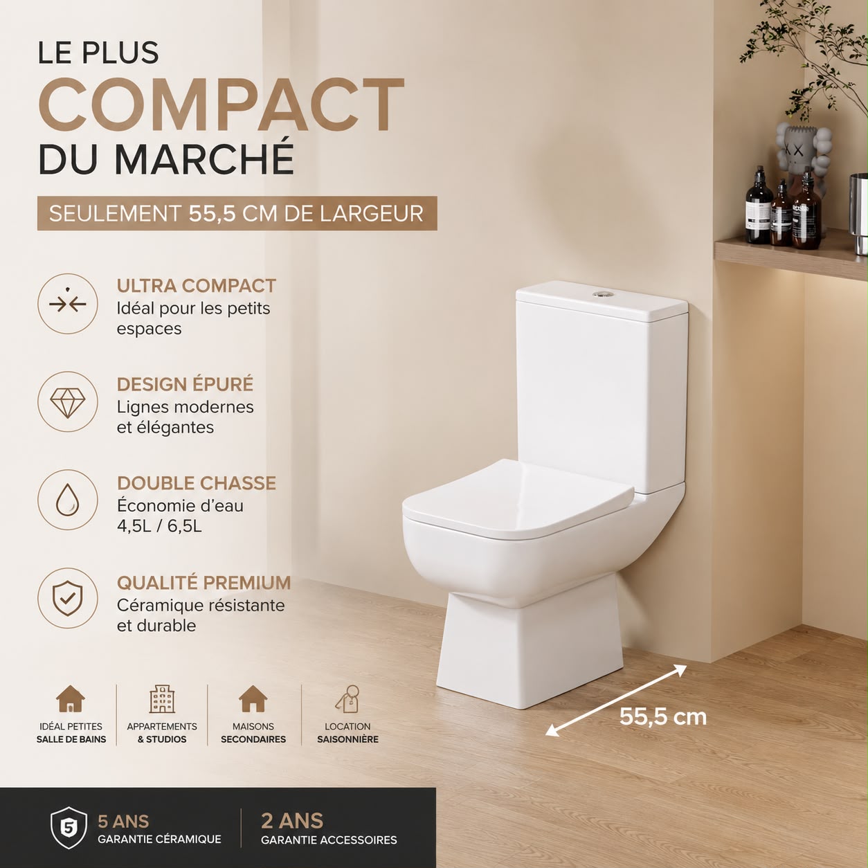 WC à Poser Ultra Compact 55,5 cm BIKIBUS – Design Carré Arrondi – Abattant Soft Close – Sortie Horizontale