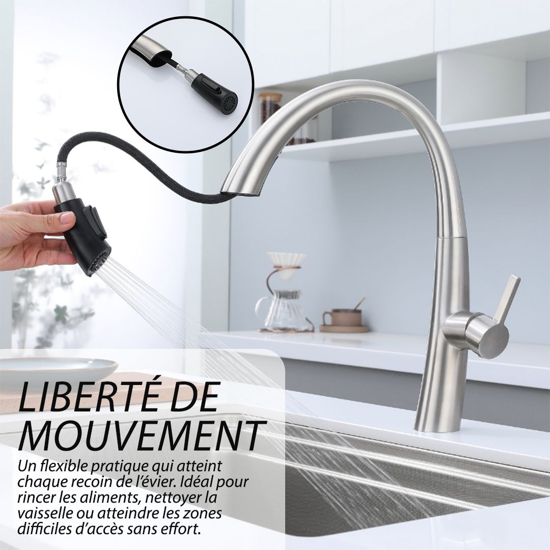 Robinet de cuisine contemporain en nickel brossé avec bec col de cygne à arc élevé et pulvérisateur rétractable.
