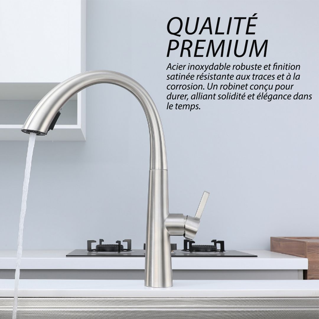 Robinet de cuisine contemporain en nickel brossé avec bec à grand arc et douchette extractible.