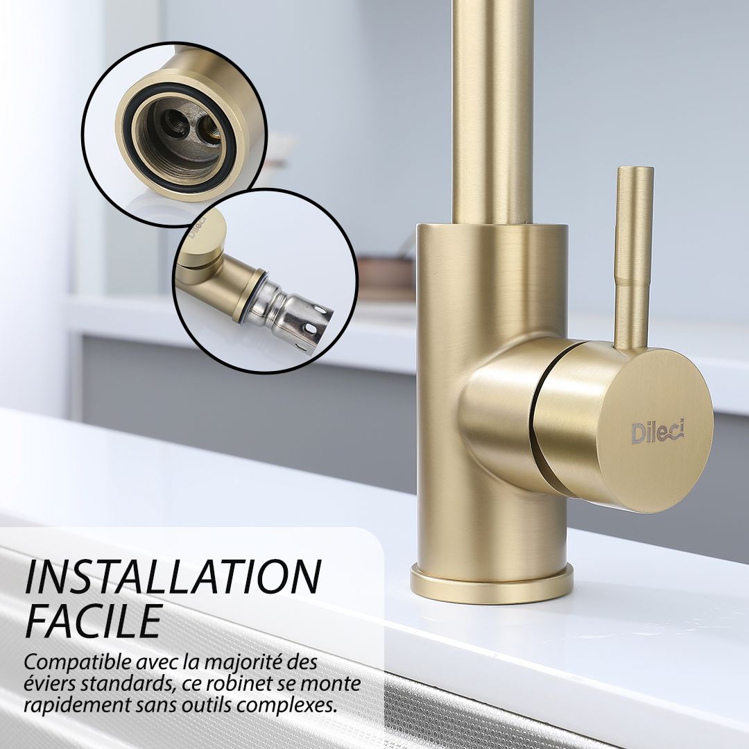 Robinet de cuisine design intemporel Or : Robinet de cuisine moderne doré, installation facile, design intemporel.